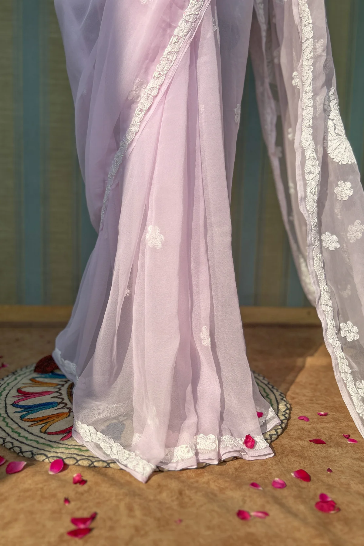 Arsh Handcrafted Semi Georgette Heavy Palla Pink Chikan Embroidered Saree - Image 8