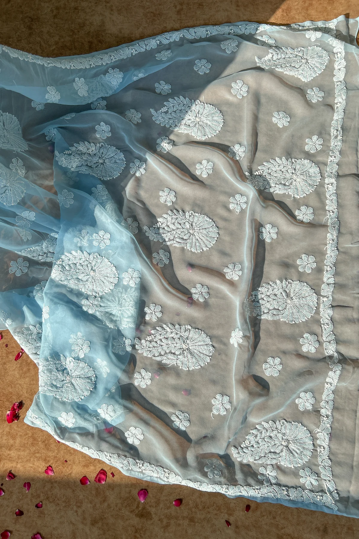 Arsh Handcrafted Semi Georgette Heavy Palla Blue Chikan Embroidered Saree - Image 9