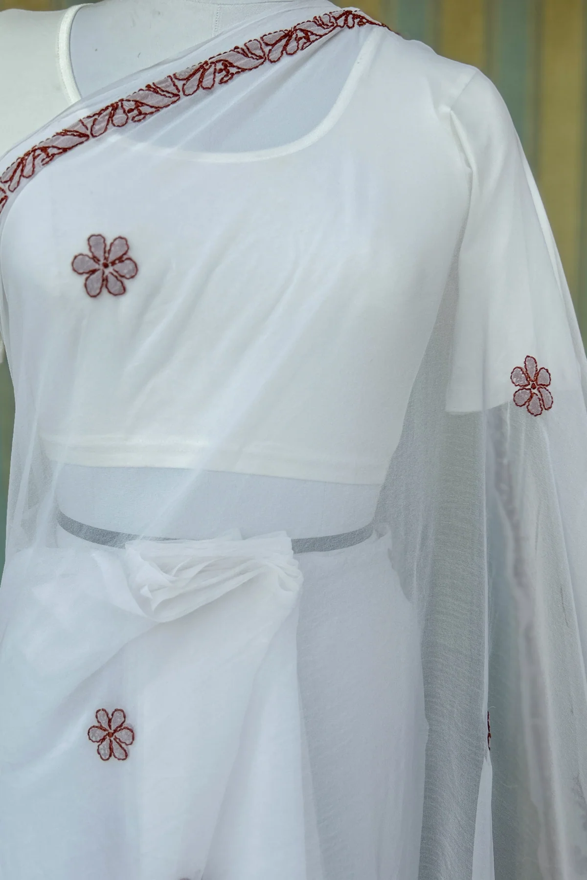 Arsh Handcrafted Semi Georgette Heavy Palla White Chikan Embroidered Saree - Image 6