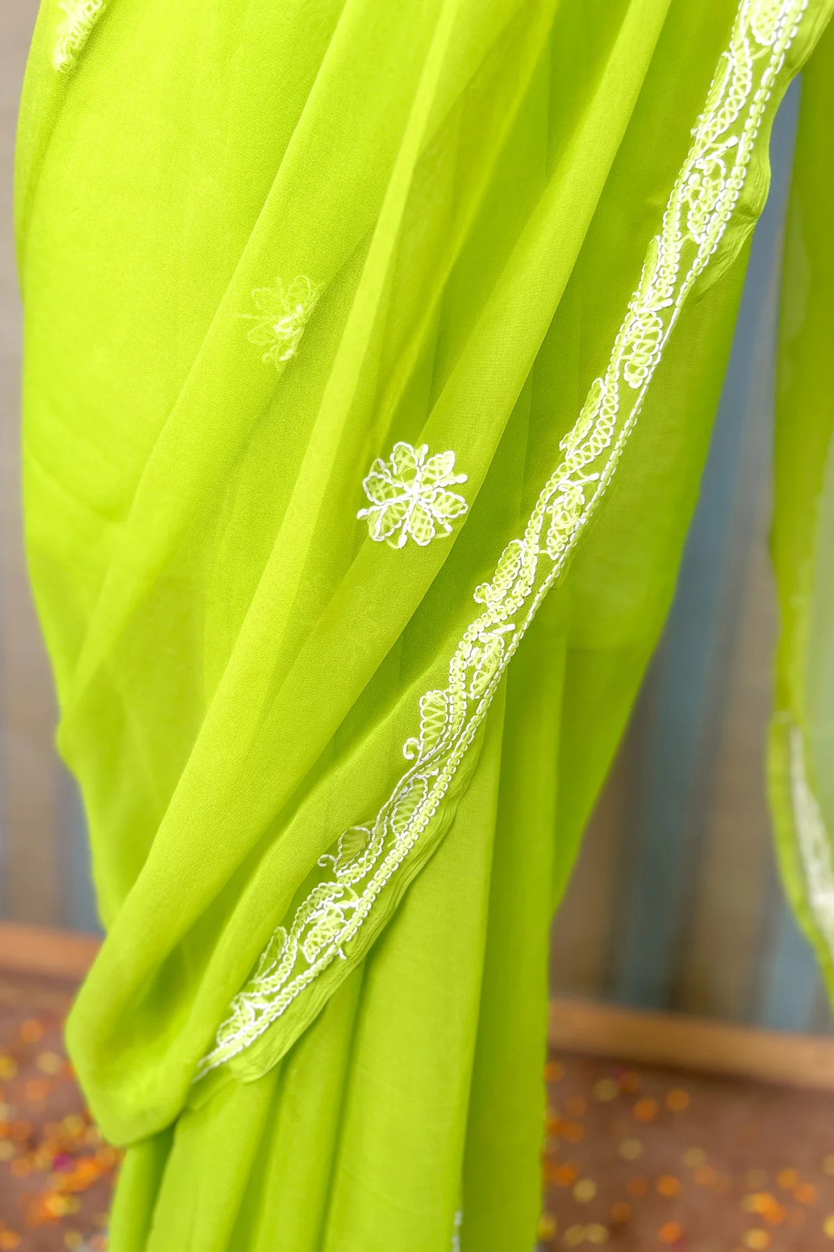 Arsh Handcrafted Semi Georgette Heavy Palla Chikan Embroidered Saree - Image 7