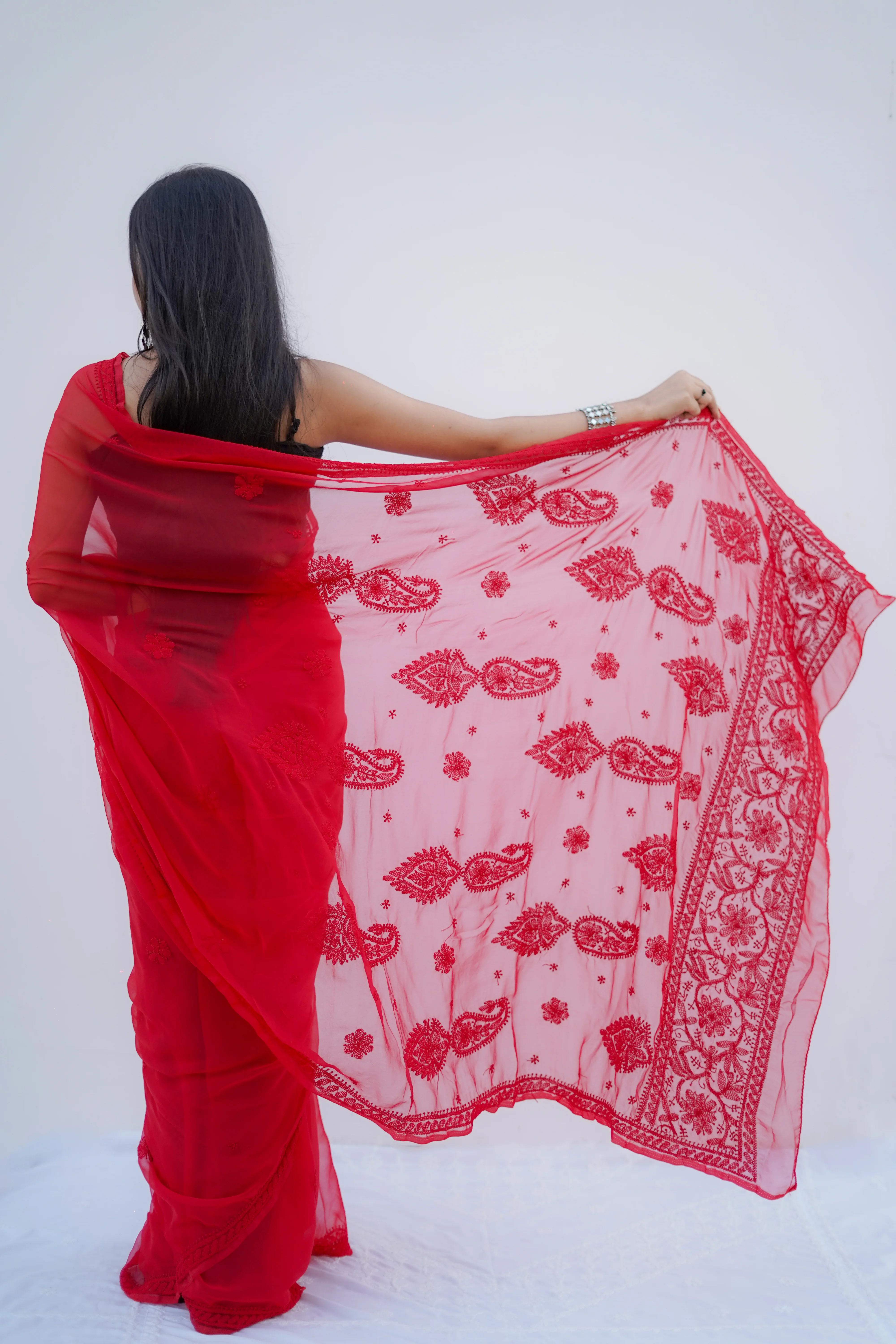 Arsh Handcrafted Semi Georgette Palla Boota Chikan Embroidered Saree - Image 2