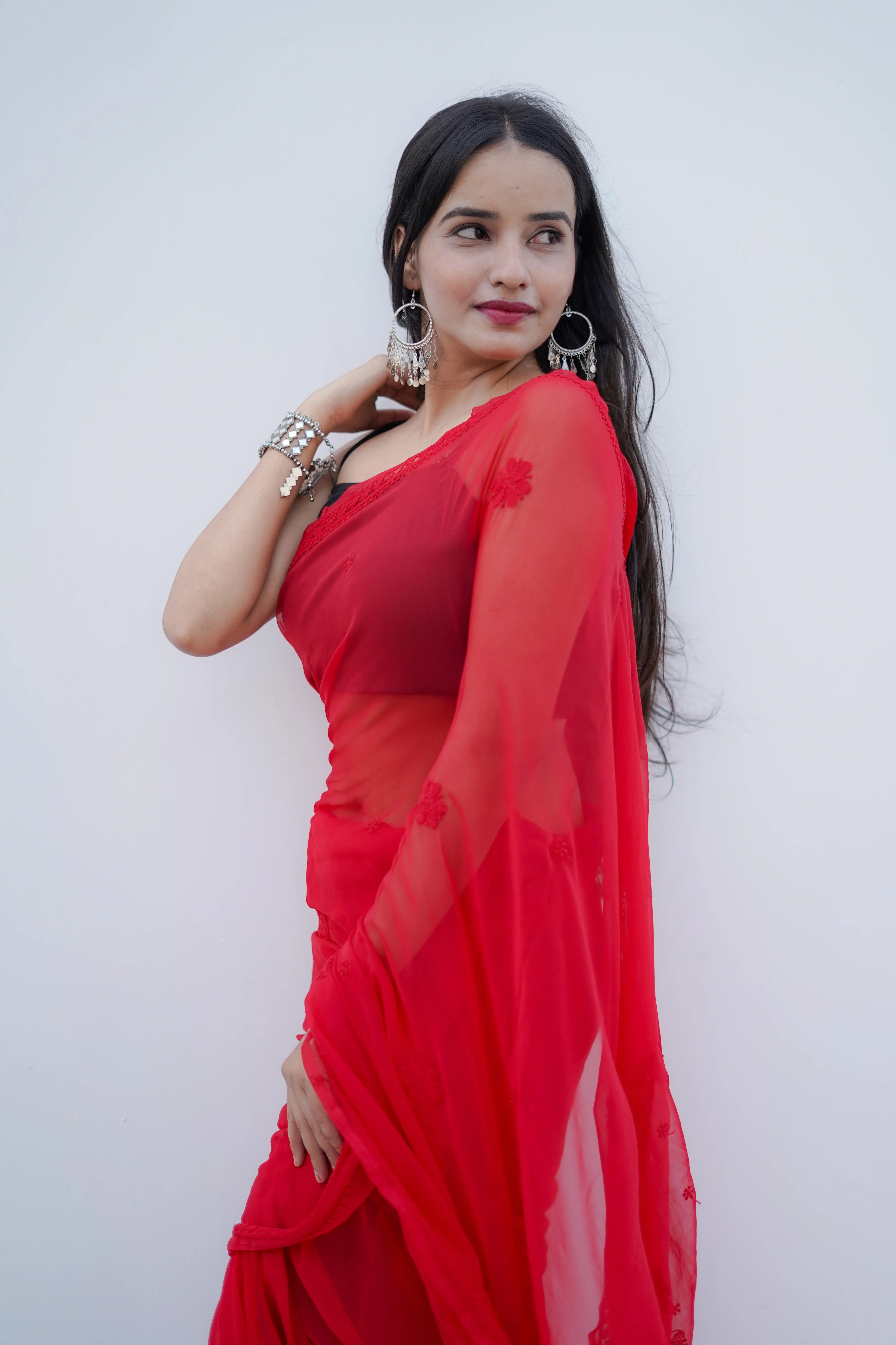 Arsh Handcrafted Semi Georgette Palla Boota Chikan Embroidered Saree - Image 4