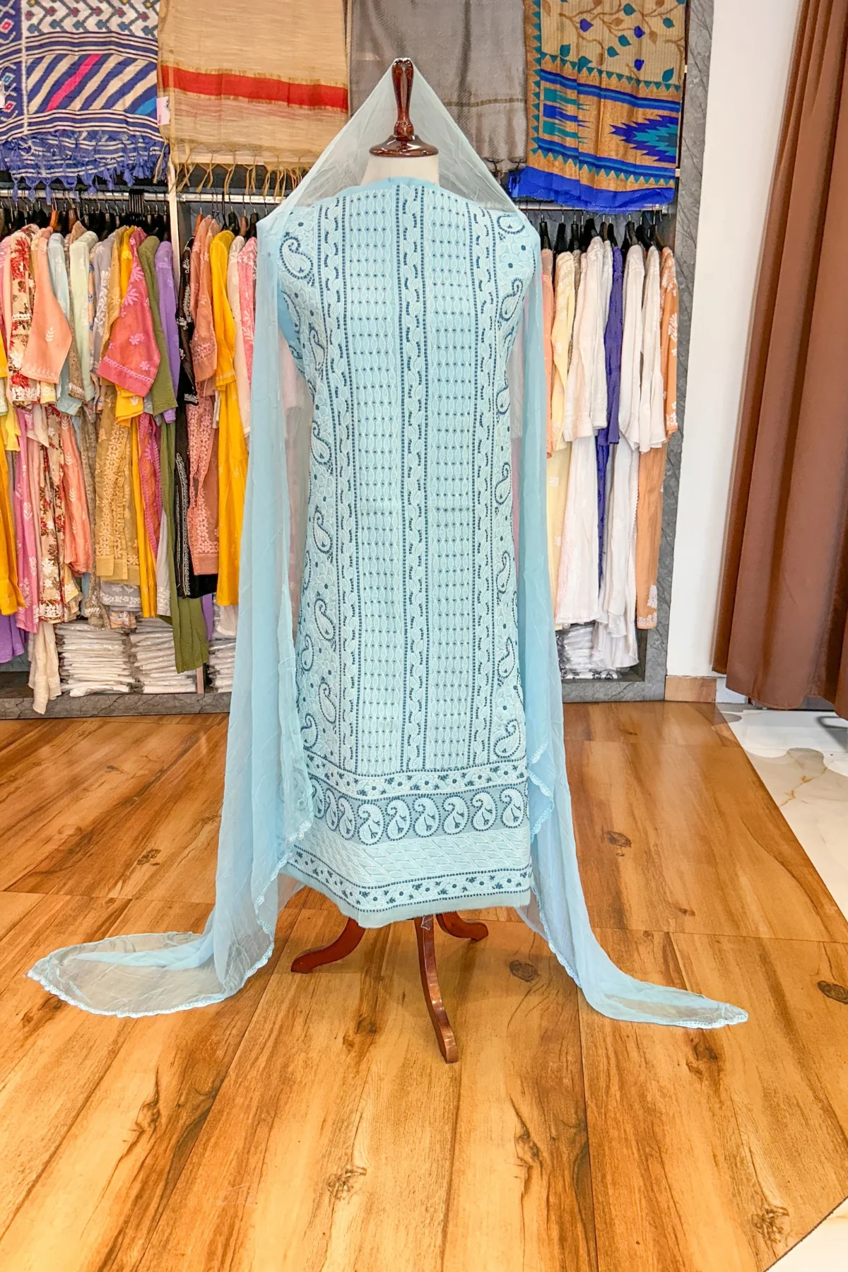 Arsh Handcrafted Sky Blue Cotton Unstitched Chikankari 3pc Suit - Image 2