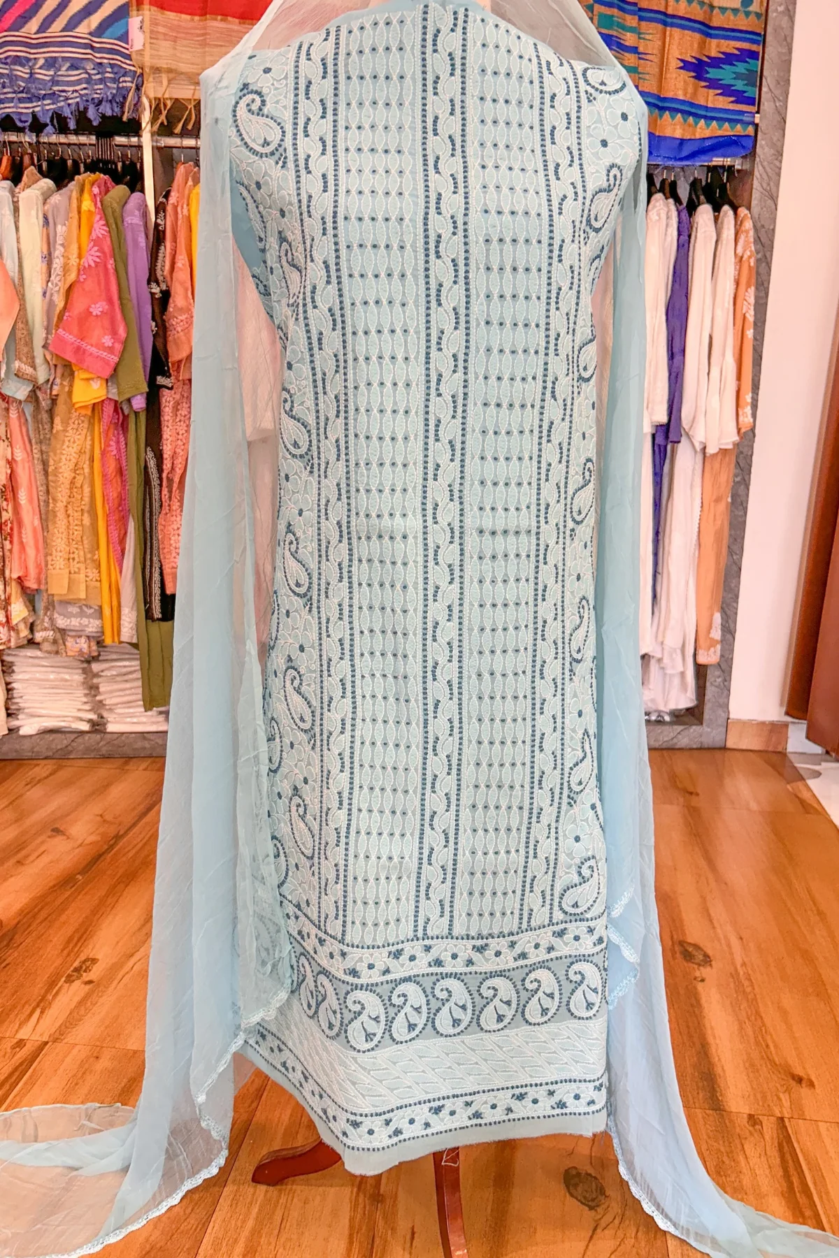 Arsh Handcrafted Sky Blue Cotton Unstitched Chikankari 3pc Suit - Image 3
