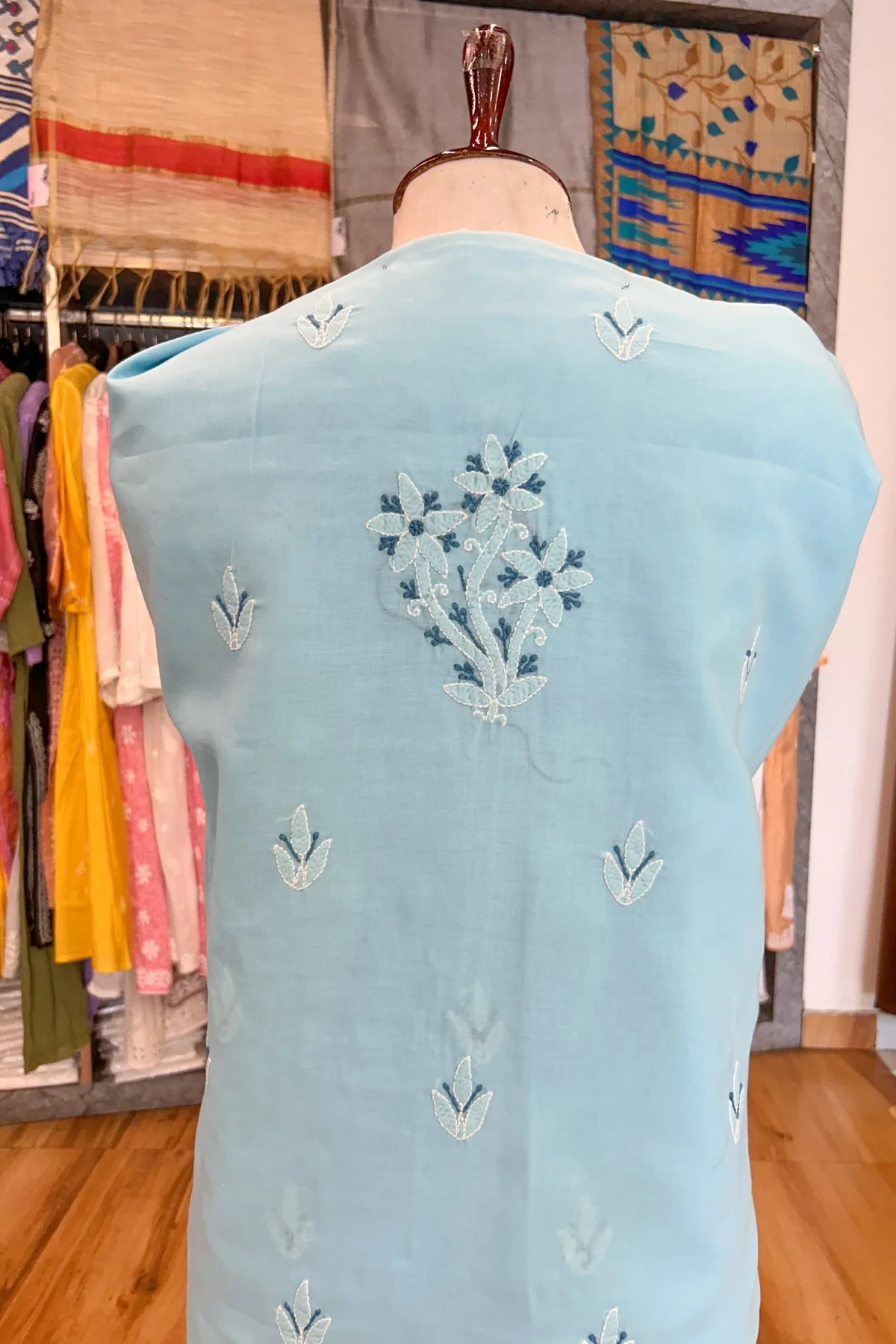 Arsh Handcrafted Sky Blue Cotton Unstitched Chikankari 3pc Suit - Image 4