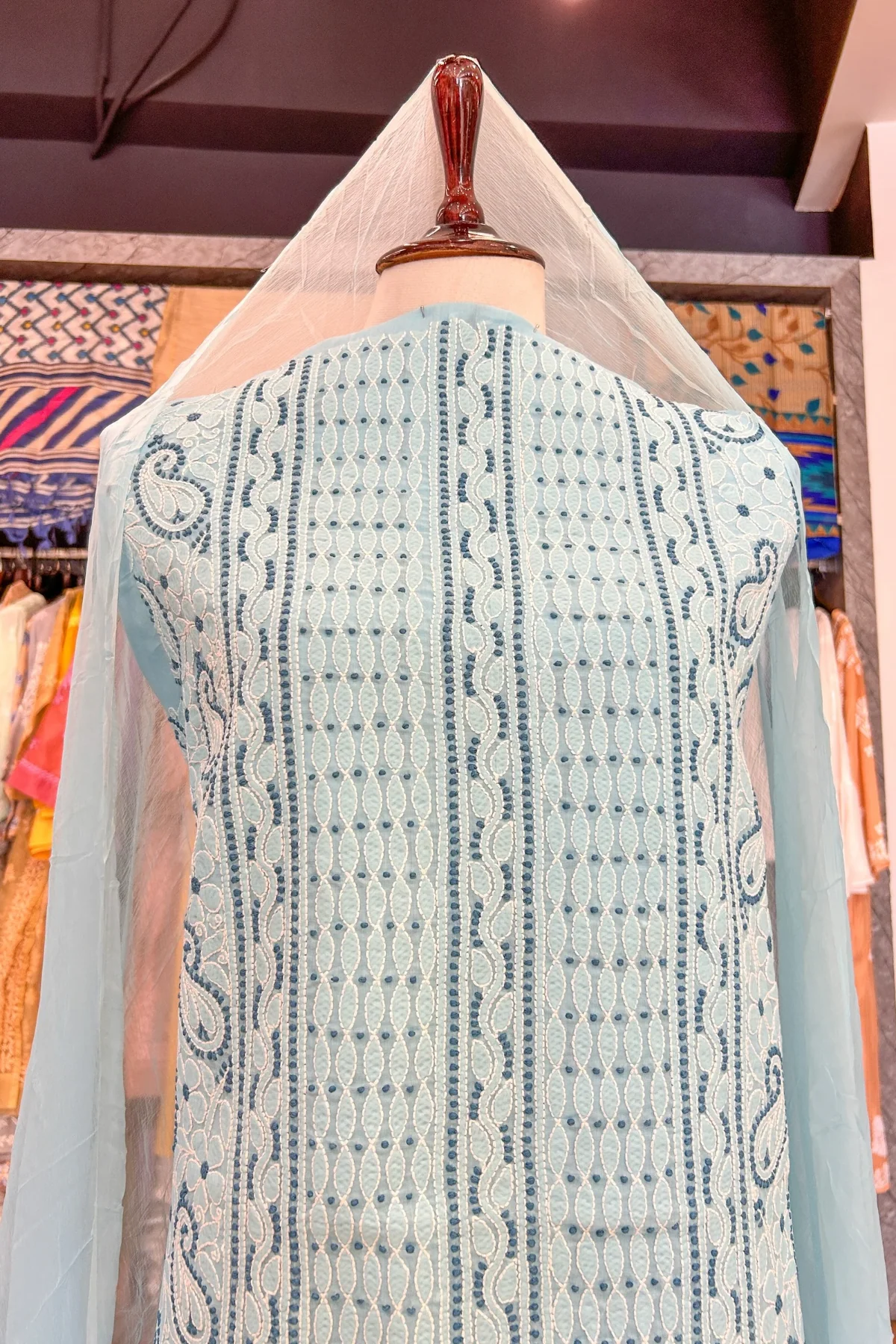Arsh Handcrafted Sky Blue Cotton Unstitched Chikankari 3pc Suit - Image 5