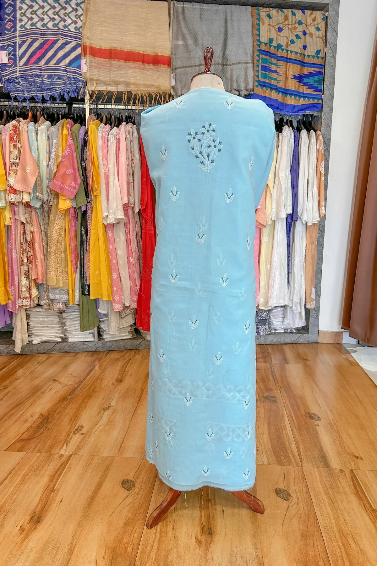 Arsh Handcrafted Sky Blue Cotton Unstitched Chikankari 3pc Suit - Image 6