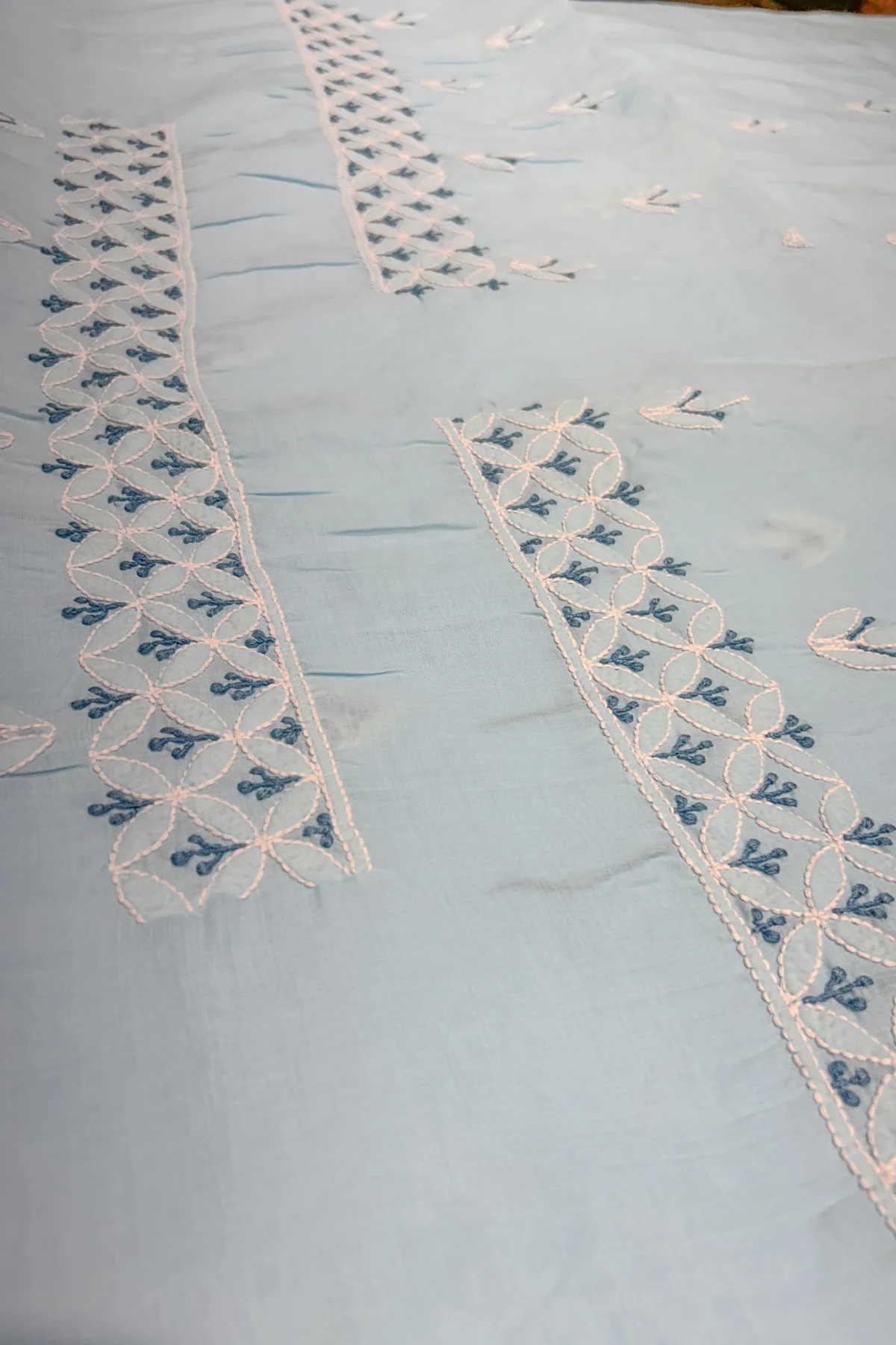 Arsh Handcrafted Sky Blue Cotton Unstitched Chikankari 3pc Suit - Image 7
