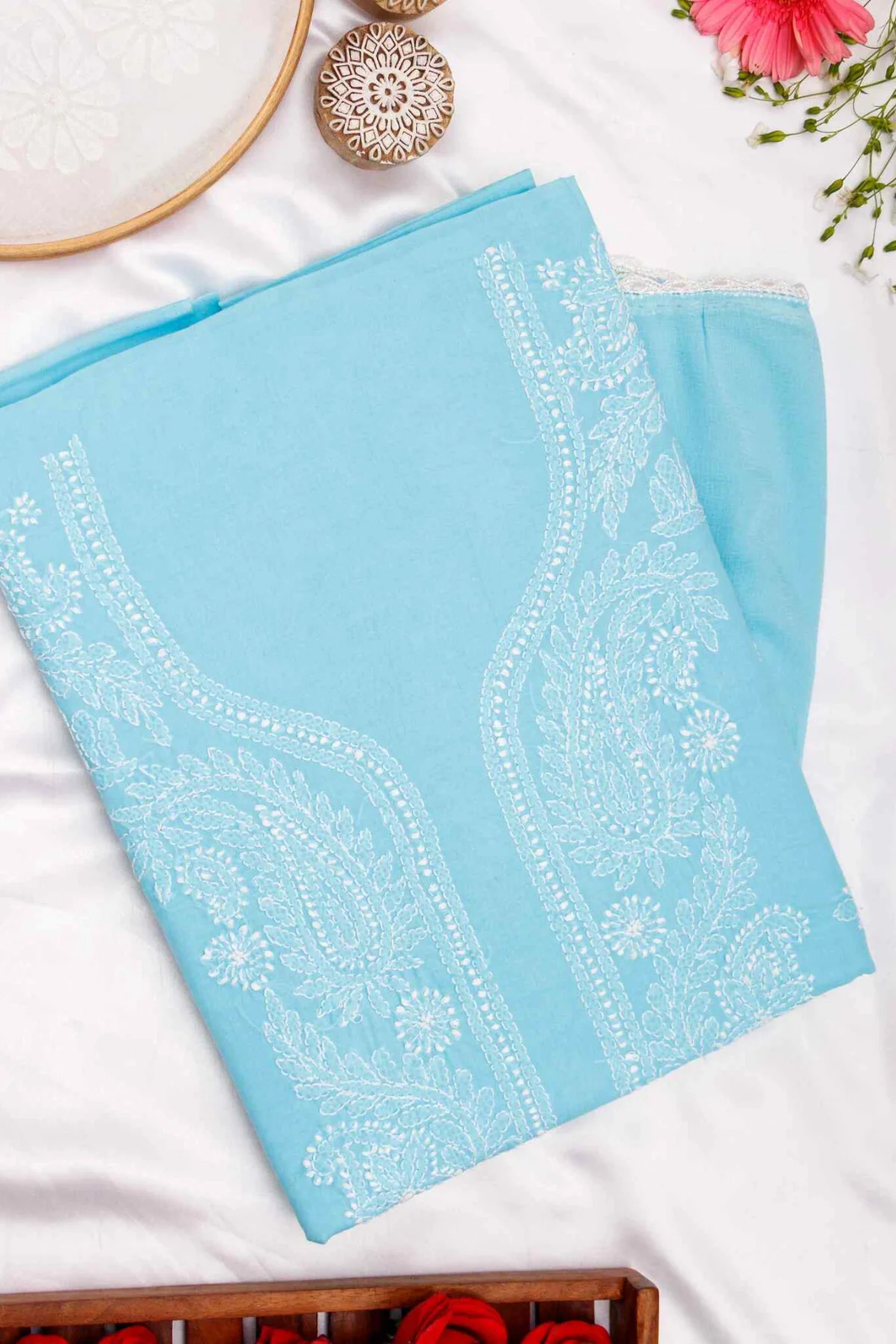 Arsh Handcrafted Sky Blue Cotton Unstitched Chikankari 3pc Suit Set
