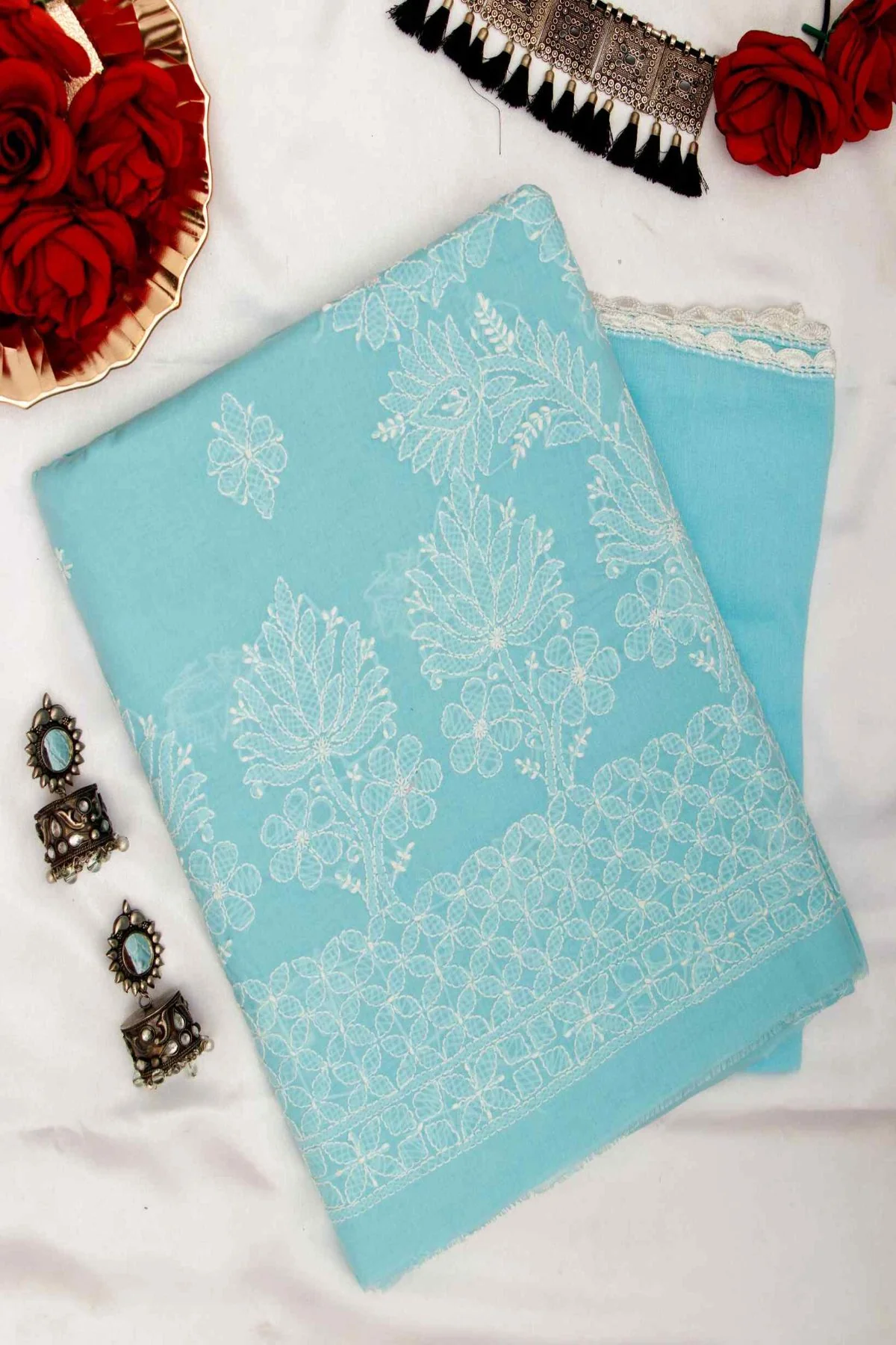 Arsh Handcrafted Sky Blue Cotton Unstitched Chikankari 3pc Suit Set - Image 2