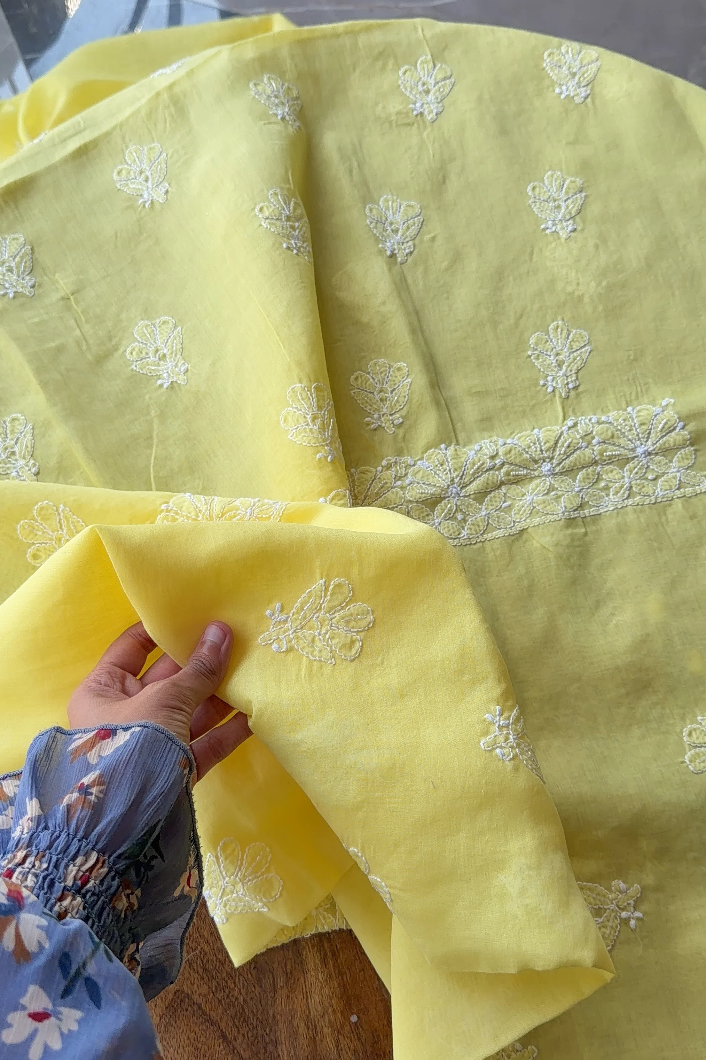 Arsh Handcrafted Yellow Cotton Unstitched Chikankari 3pc Suit - Image 3