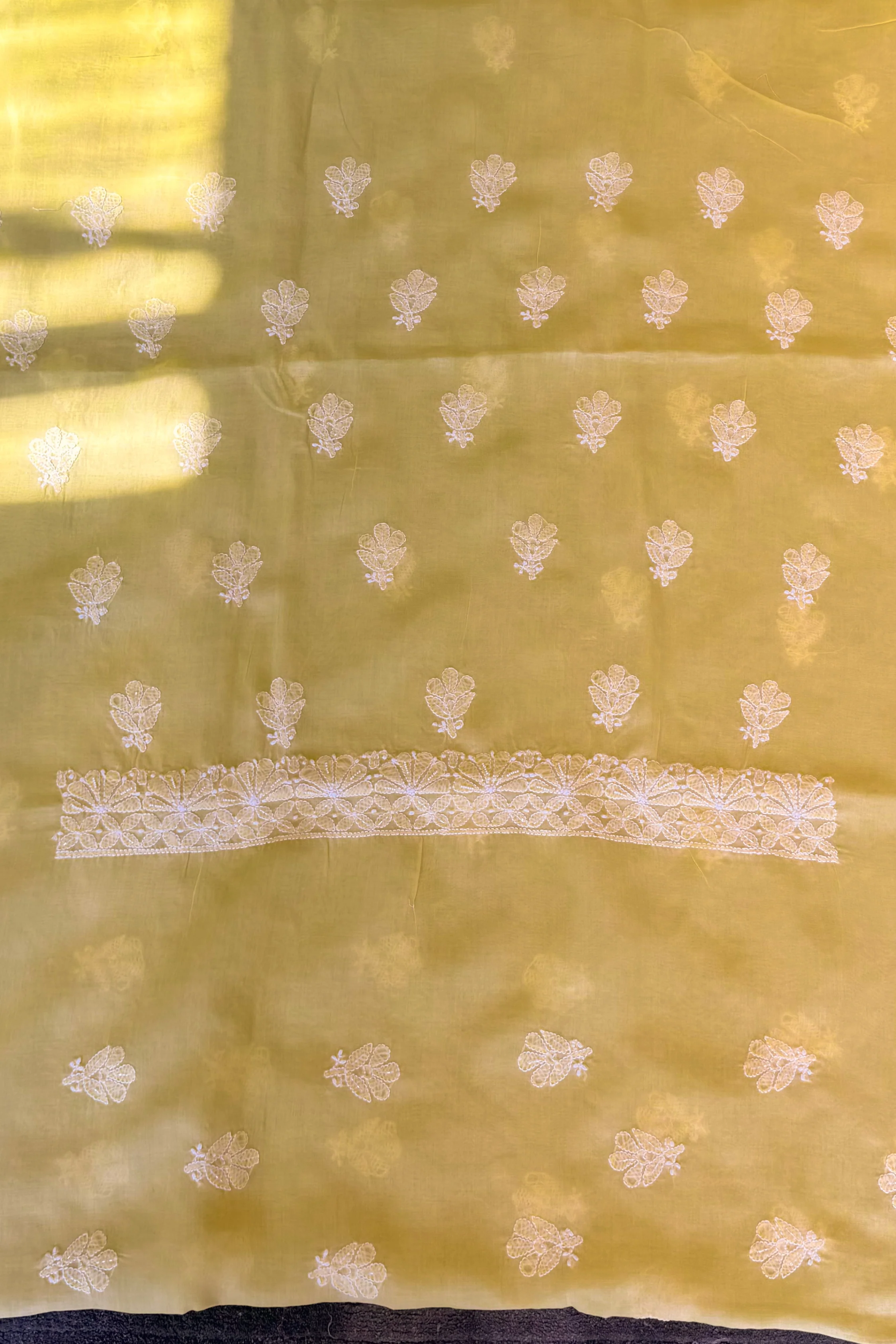 Arsh Handcrafted Yellow Cotton Unstitched Chikankari 3pc Suit - Image 4