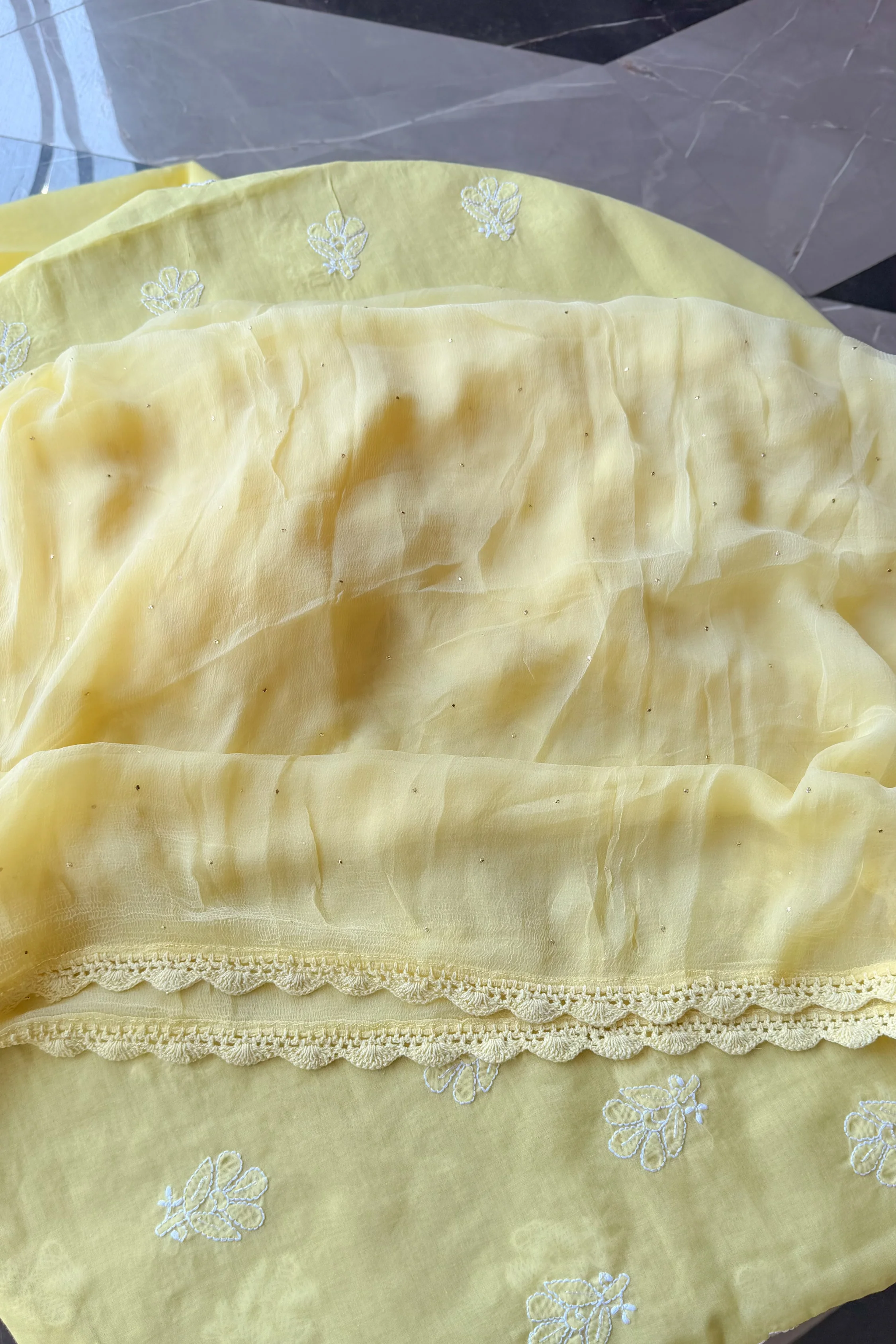 Arsh Handcrafted Yellow Cotton Unstitched Chikankari 3pc Suit - Image 6