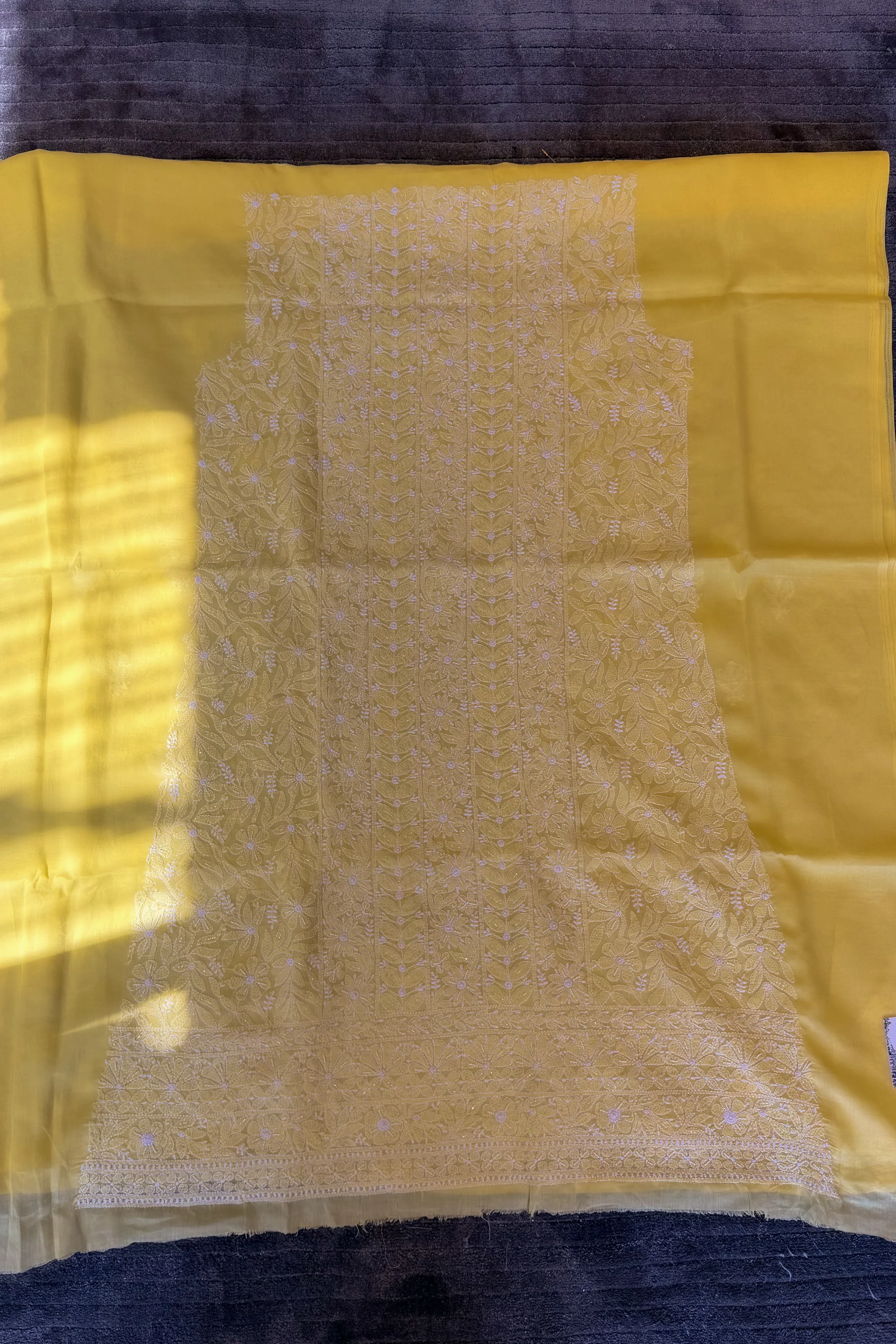Arsh Handcrafted Yellow Cotton Unstitched Chikankari 3pc Suit - Image 7