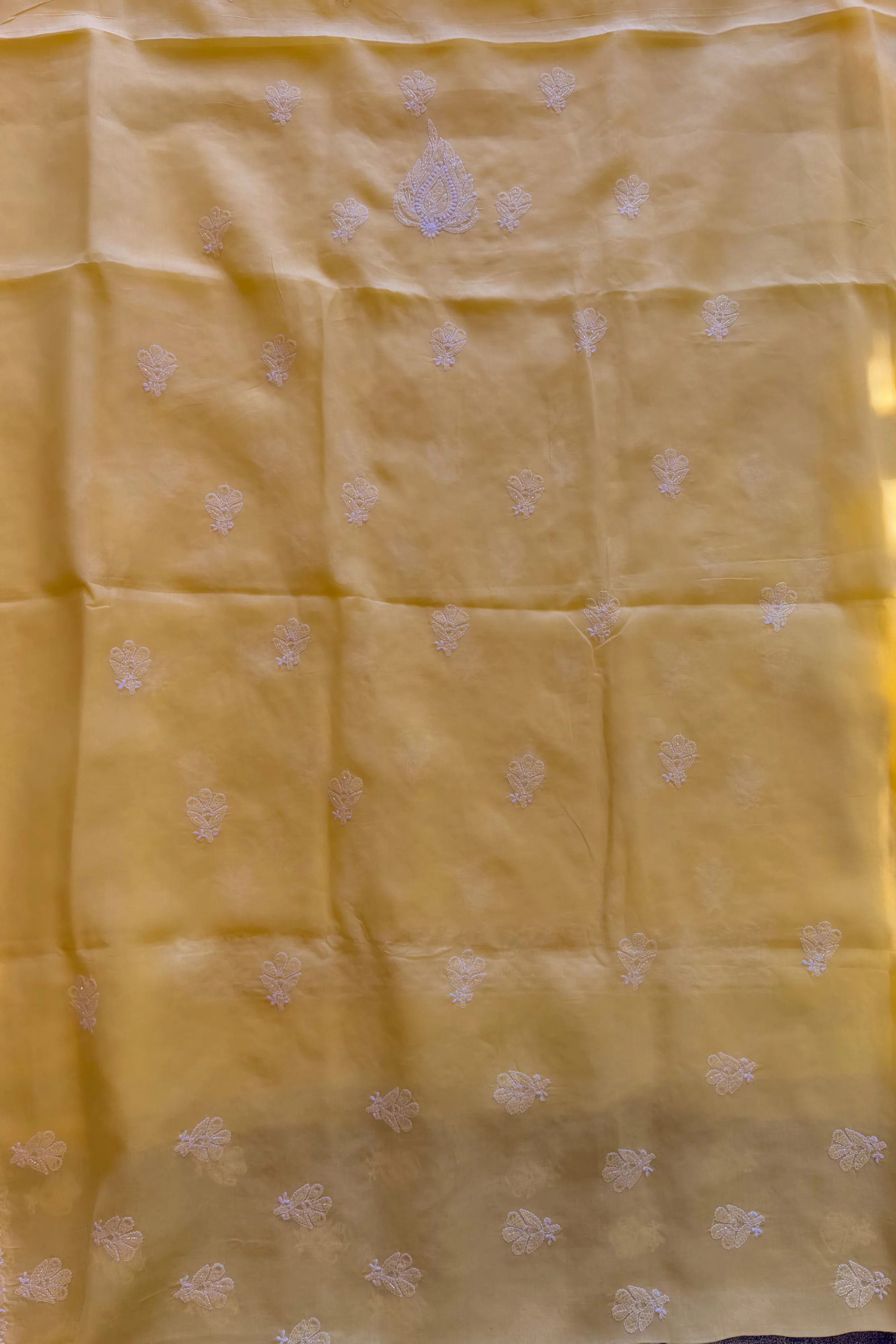 Arsh Handcrafted Yellow Cotton Unstitched Chikankari 3pc Suit - Image 8