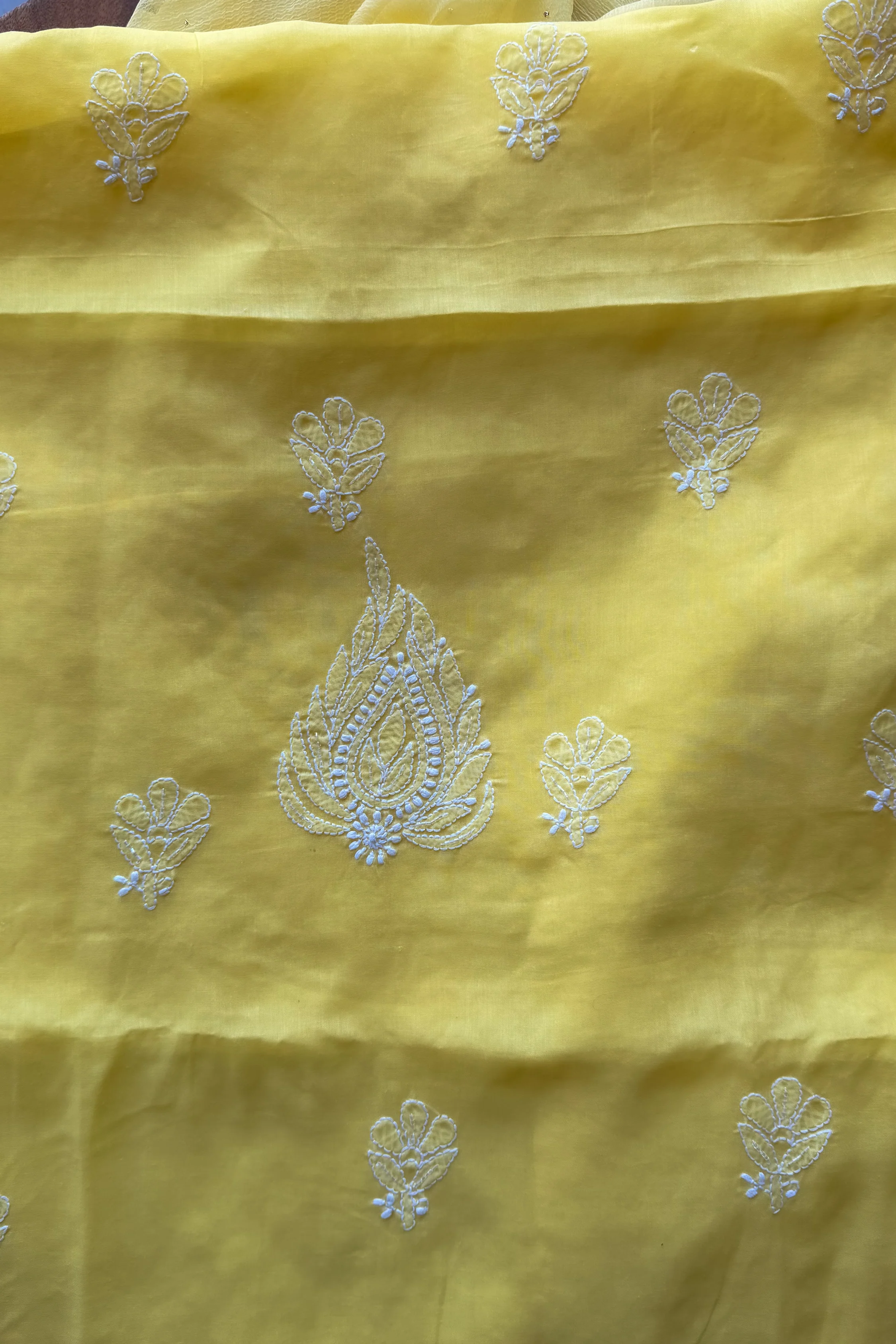 Arsh Handcrafted Yellow Cotton Unstitched Chikankari 3pc Suit - Image 9