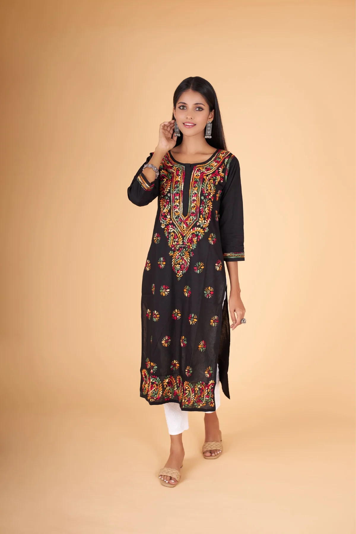 Arsh Handcrafted Multi on Black Pure Cotton Kurti - Image 4