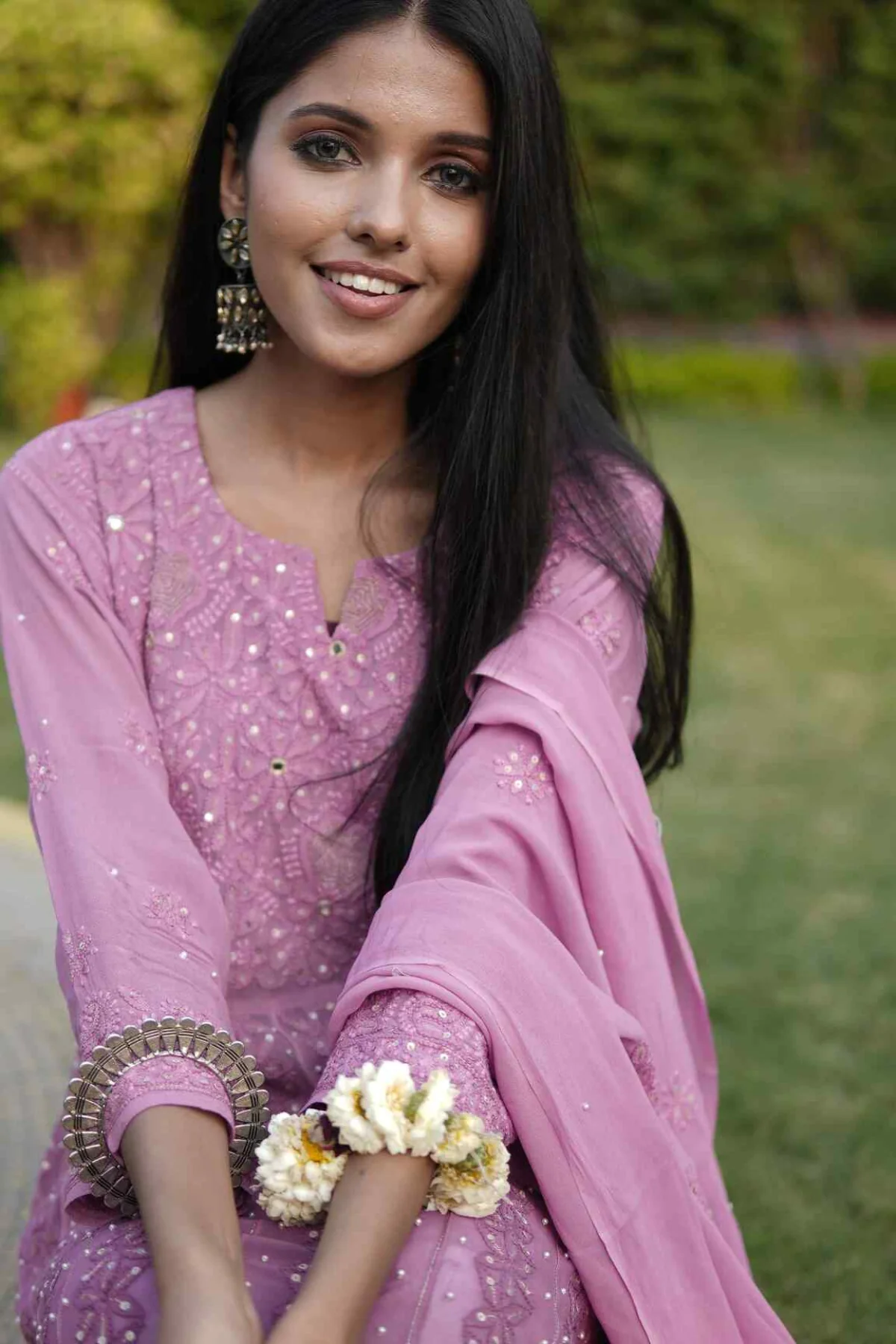 Arsh Handcrafted Pure Viscose Georgette Semi Stitched Yog Neck Anarkali Dupatta Set - Image 2
