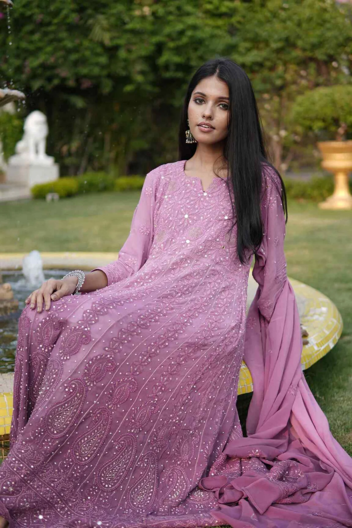 Arsh Handcrafted Pure Viscose Georgette Semi Stitched Yog Neck Anarkali Dupatta Set - Image 4