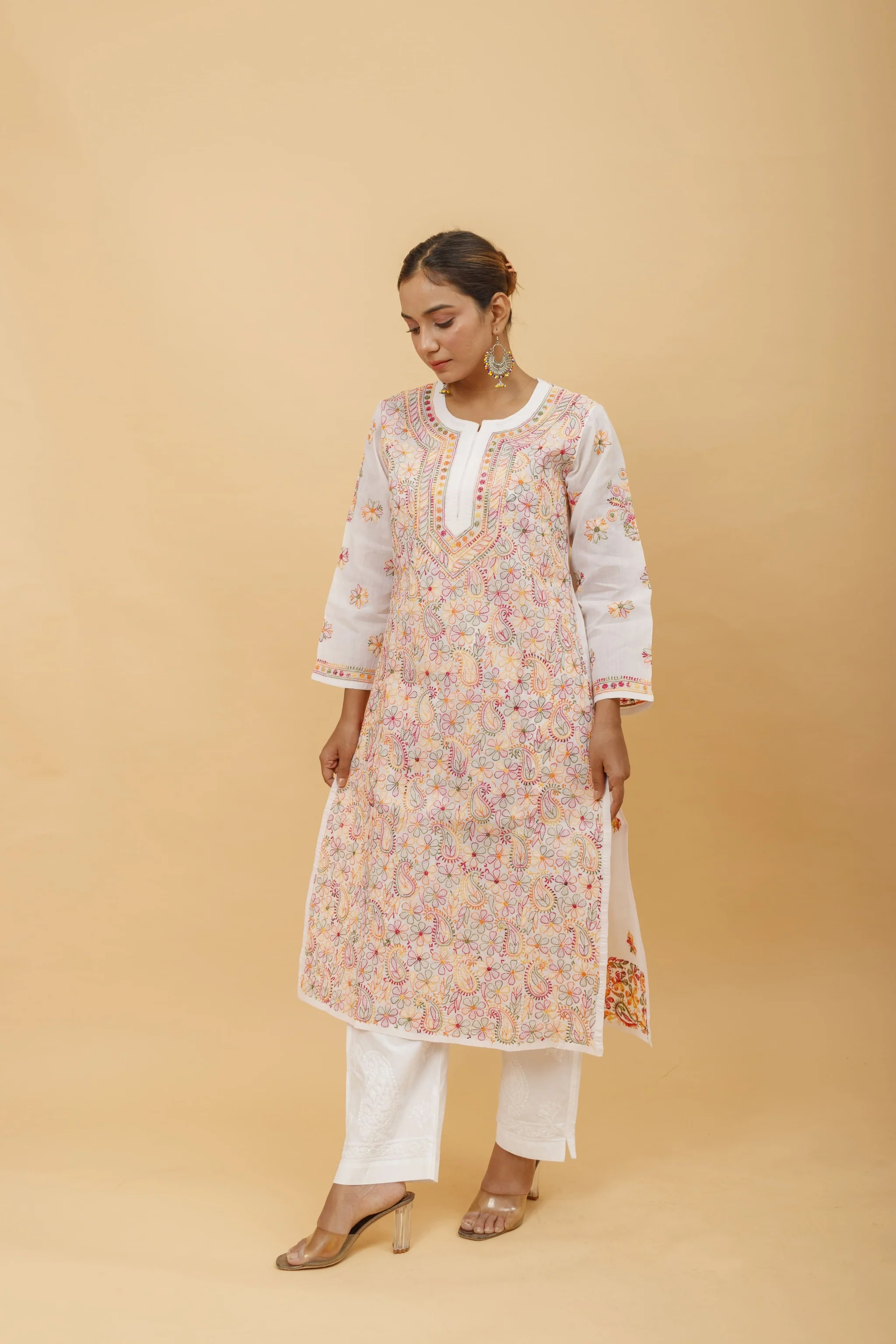 Arsh Handcrafted Multi on White Cotton Kurti