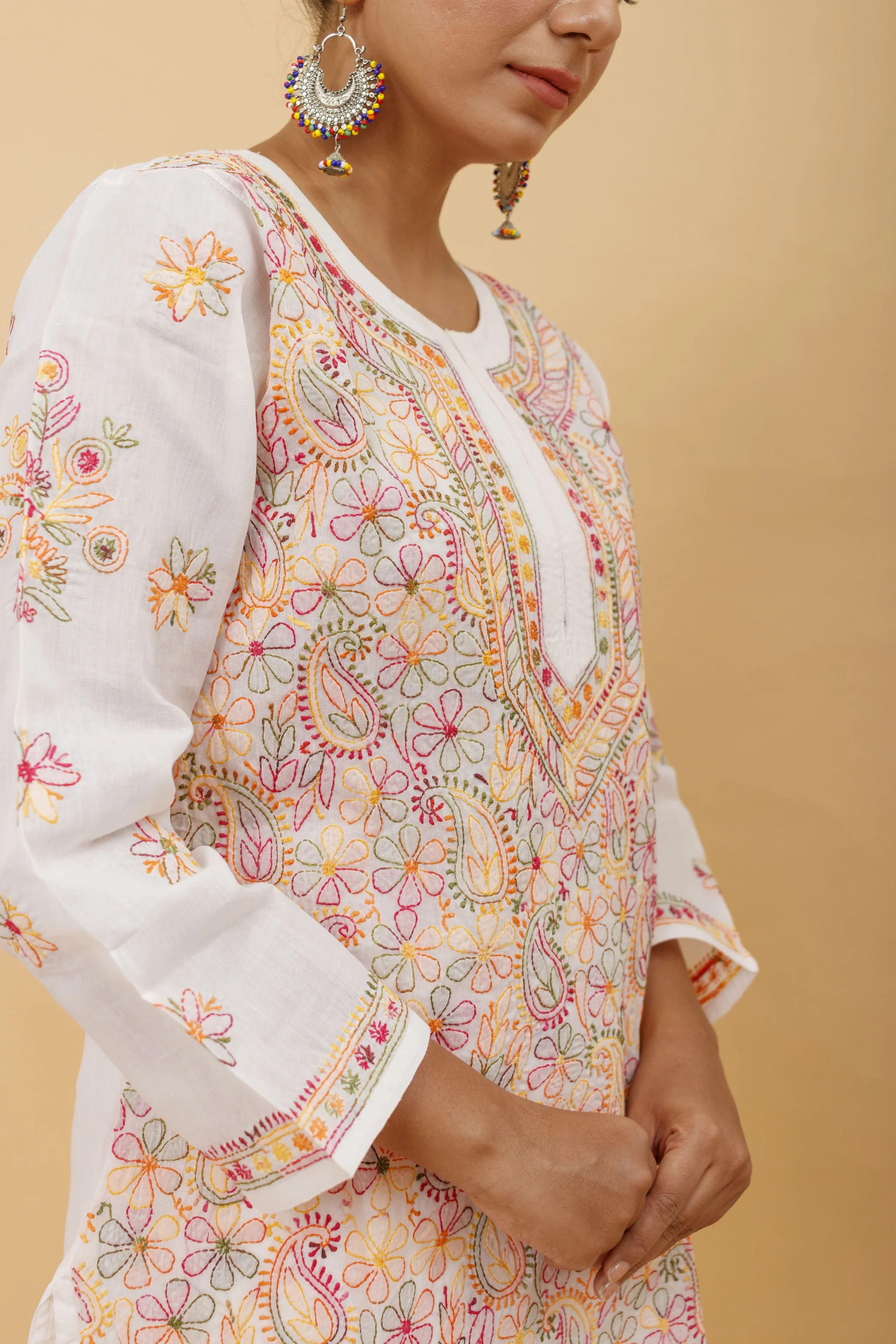 Arsh Handcrafted Multi on White Cotton Kurti - Image 3