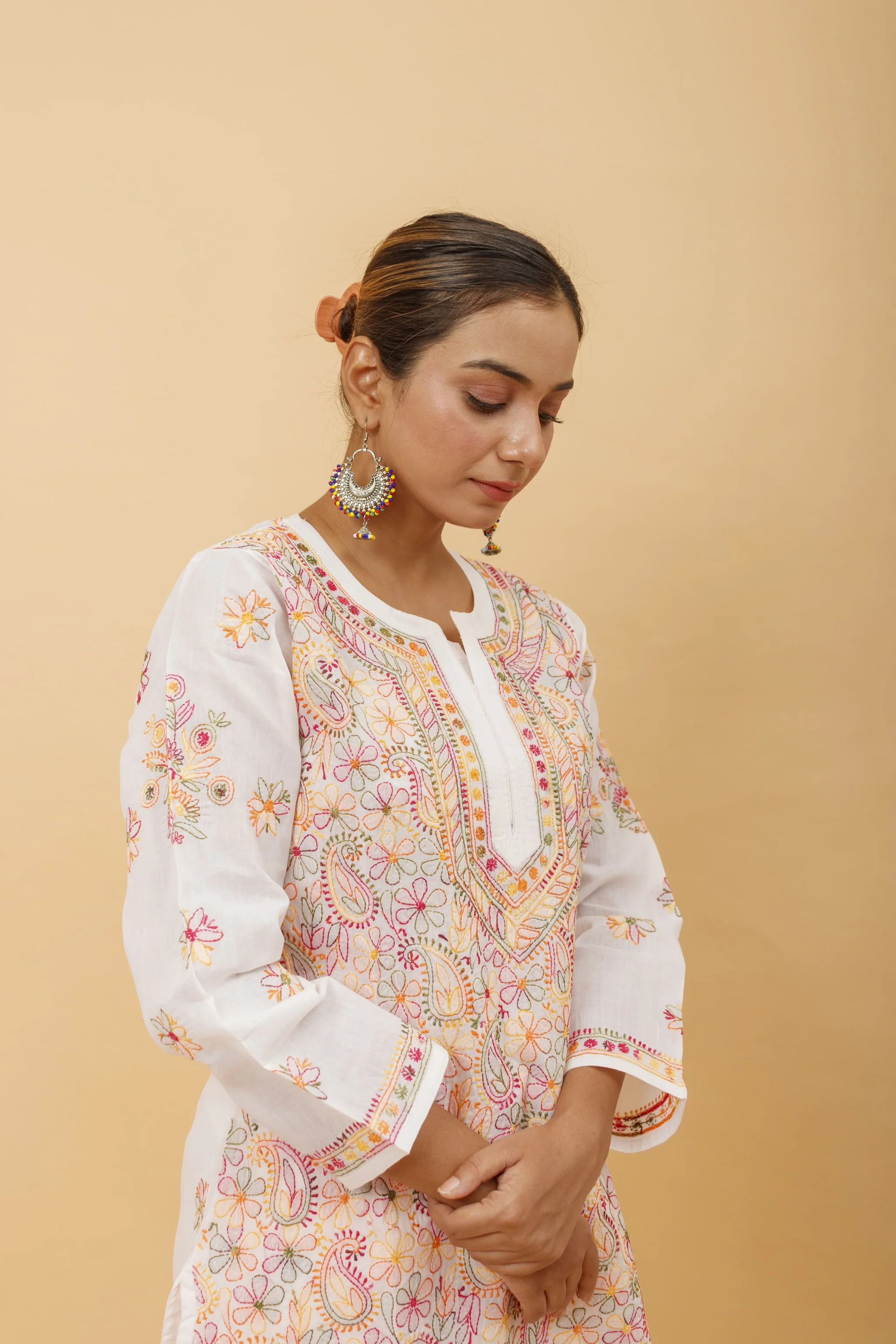 Arsh Handcrafted Multi on White Cotton Kurti - Image 4