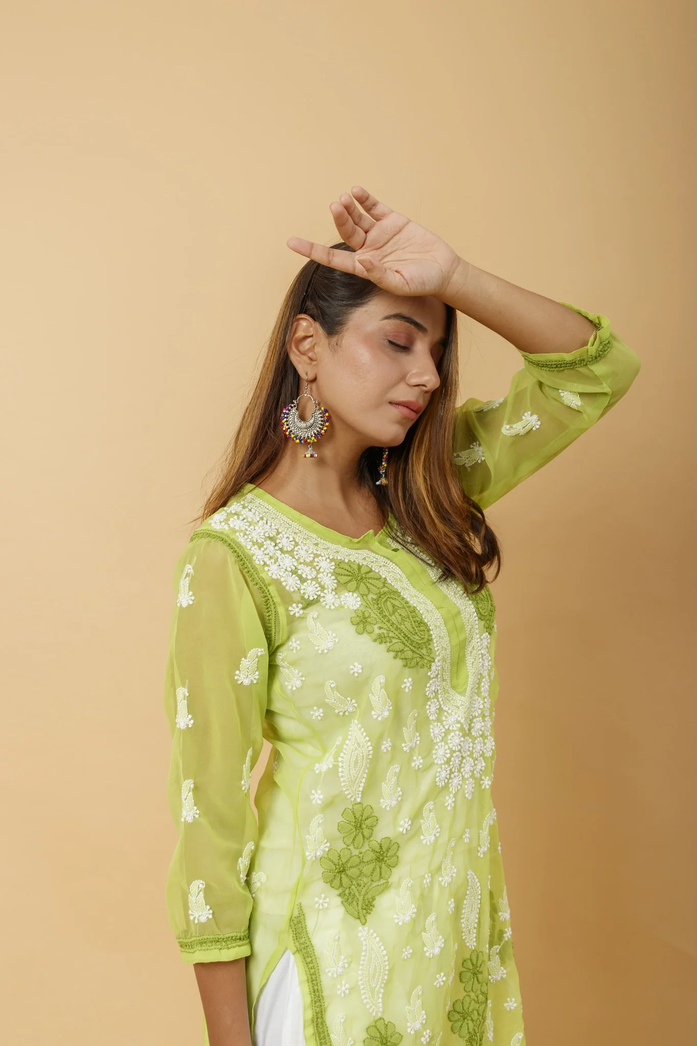 Arsh Handcrafted Green Semi Georgette Chikan Kurti - Image 3