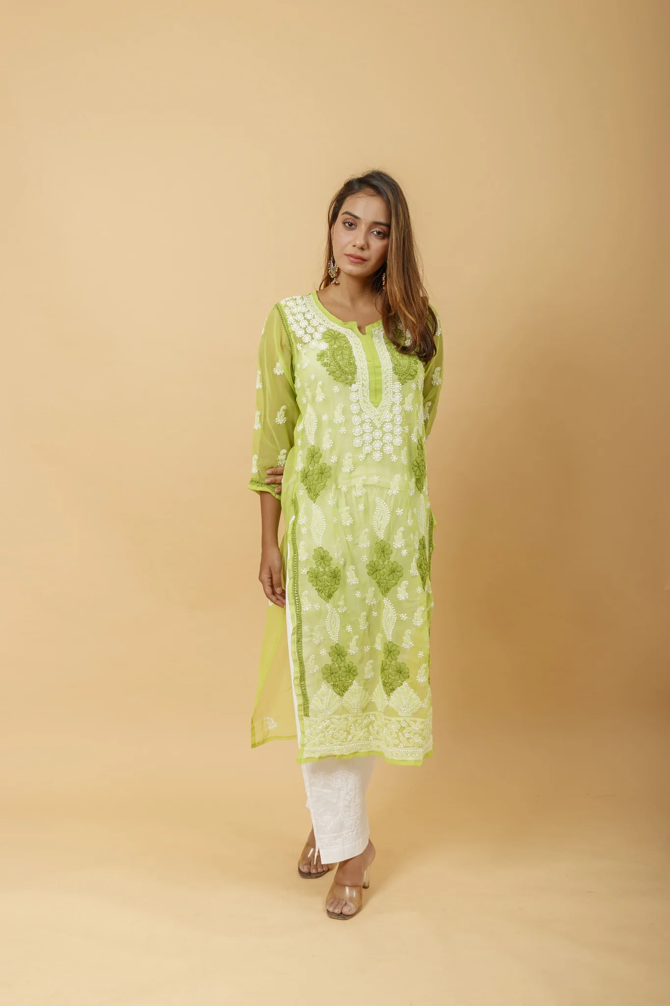 Arsh Handcrafted Green Semi Georgette Chikan Kurti - Image 4