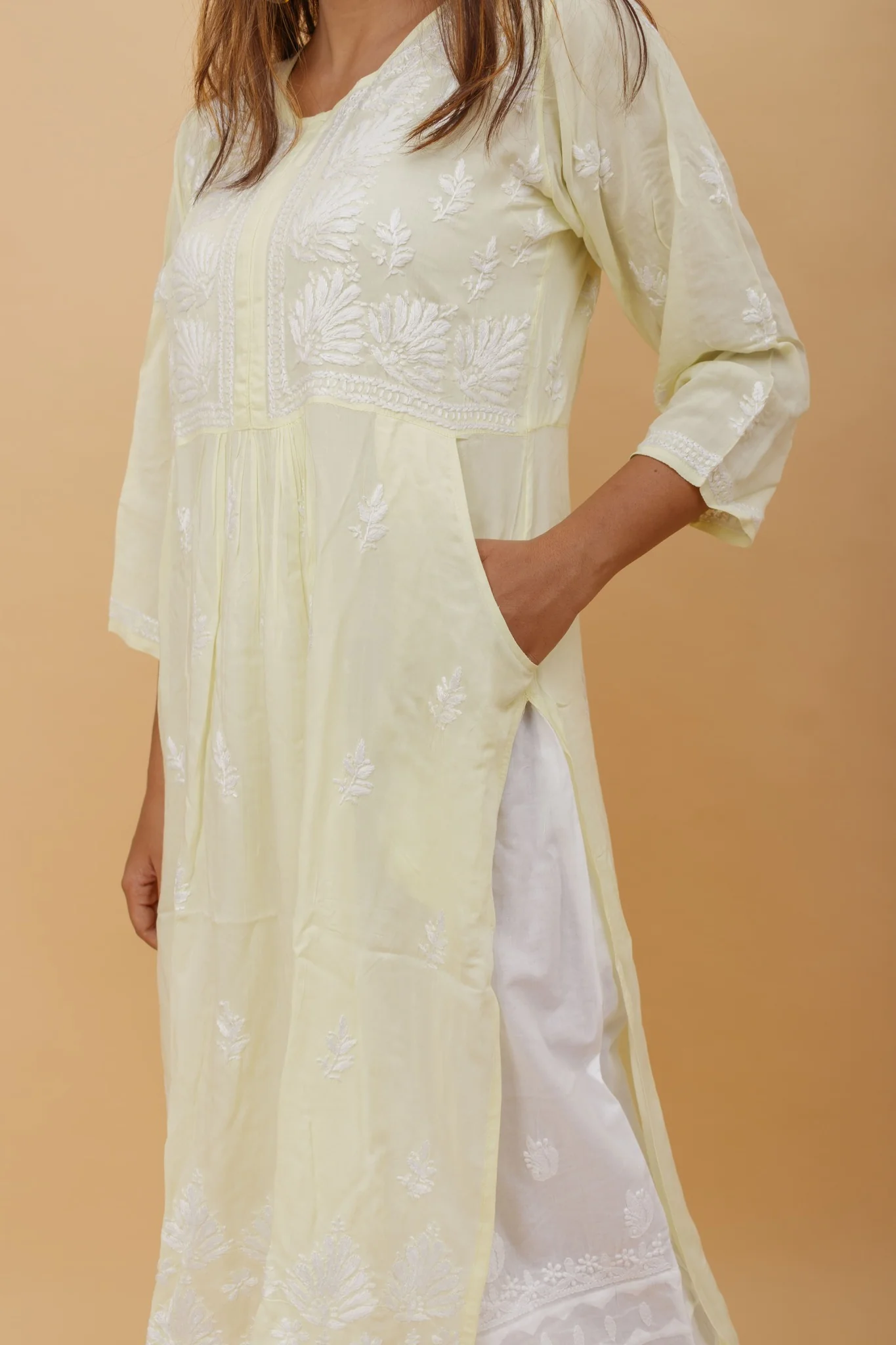 Arsh Handcrafted Lemon Green Modal Chikankari Front Pocket Gown Dress - Image 3