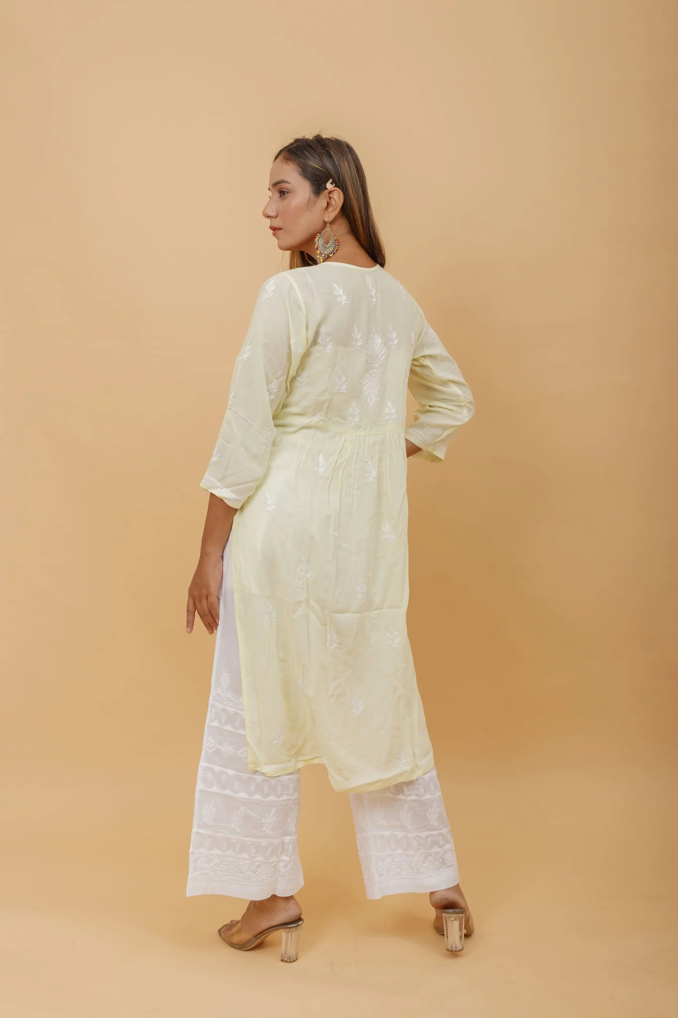Arsh Handcrafted Lemon Green Modal Chikankari Front Pocket Gown Dress - Image 6