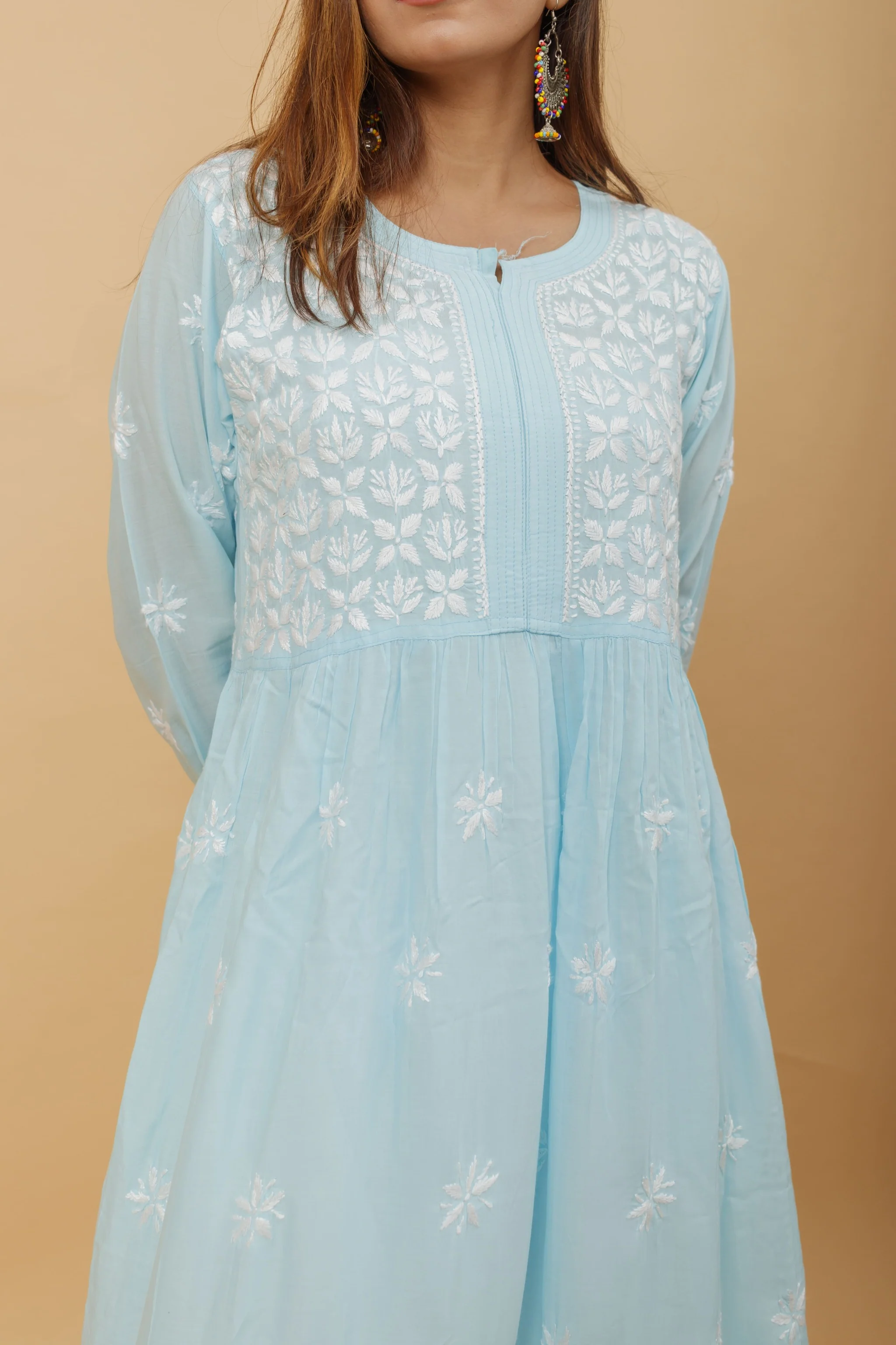 Arsh Handcrafted Sky Blue Modal Chikankari Gown Dress - Image 2