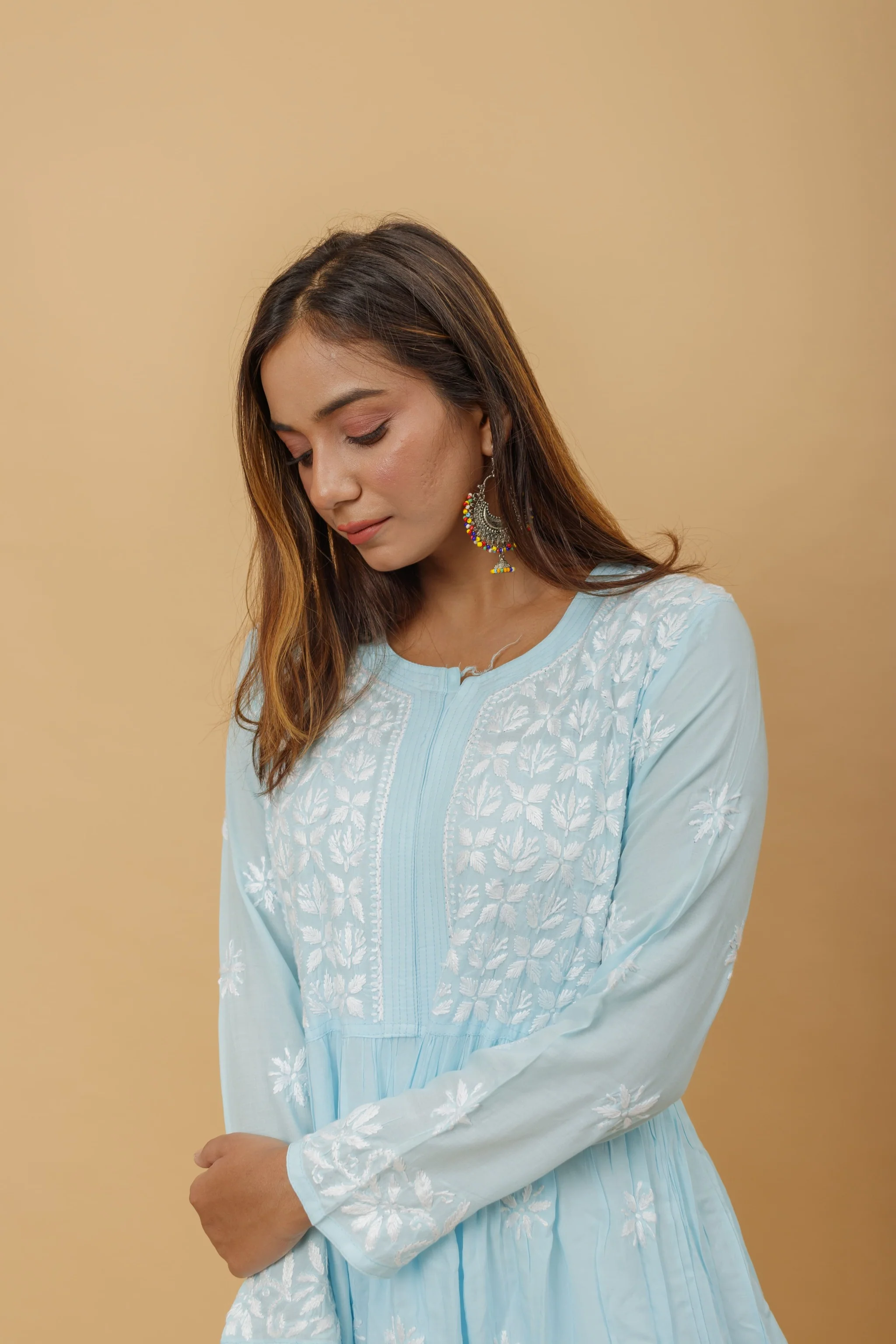 Arsh Handcrafted Sky Blue Modal Chikankari Gown Dress - Image 3