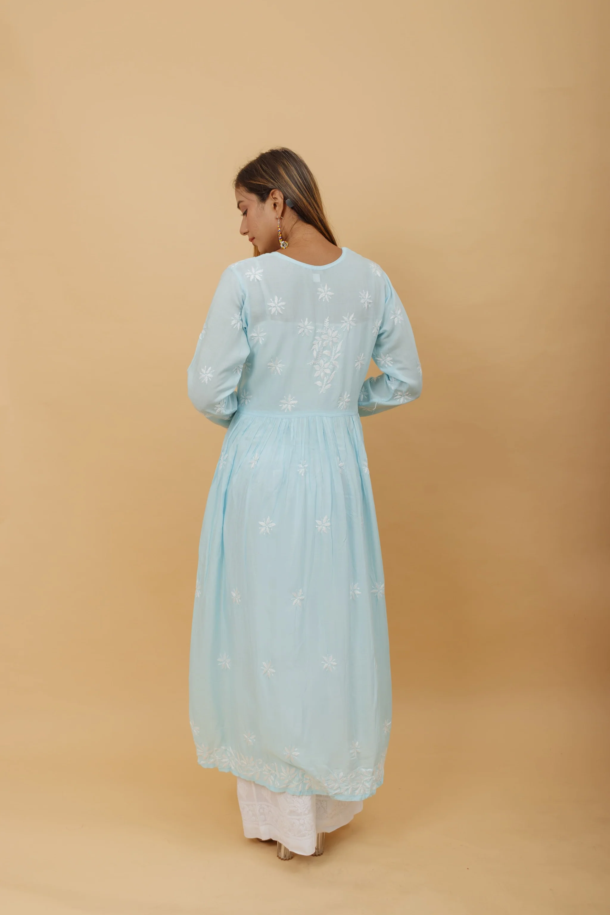 Arsh Handcrafted Sky Blue Modal Chikankari Gown Dress - Image 4