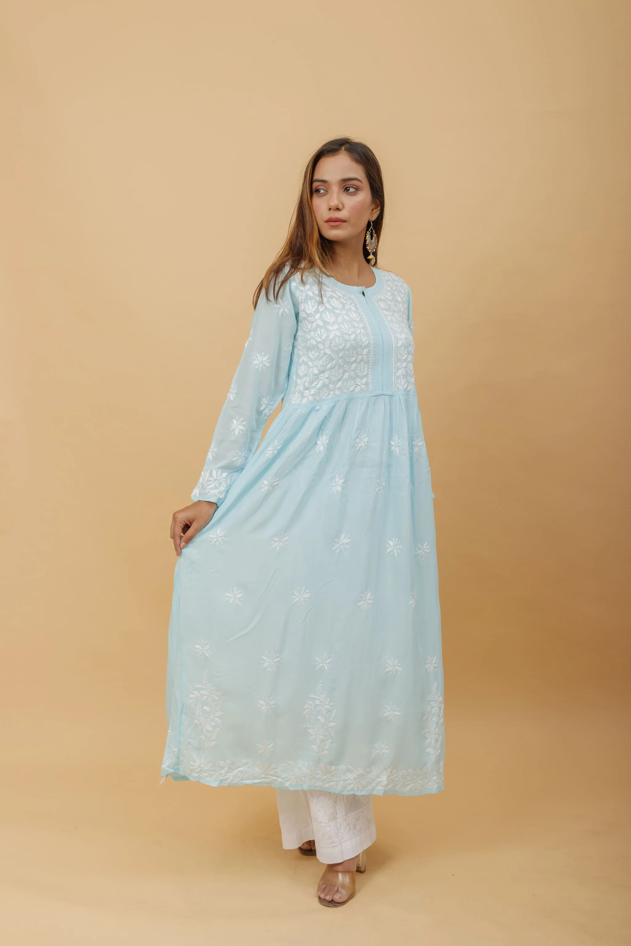 Arsh Handcrafted Sky Blue Modal Chikankari Gown Dress - Image 5