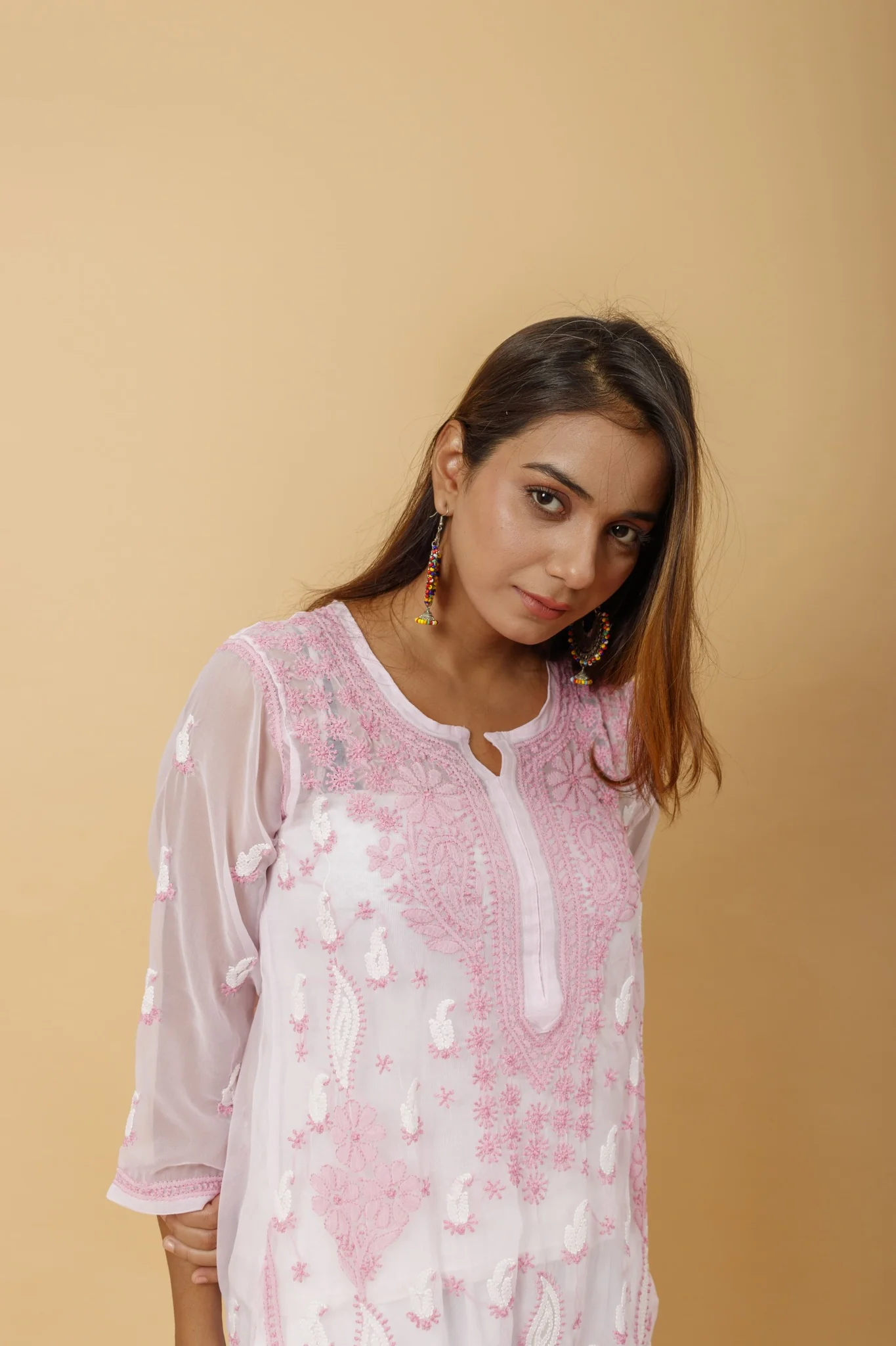 Arsh Handcrafted Pink Semi Georgette Chikan Kurti - Image 2