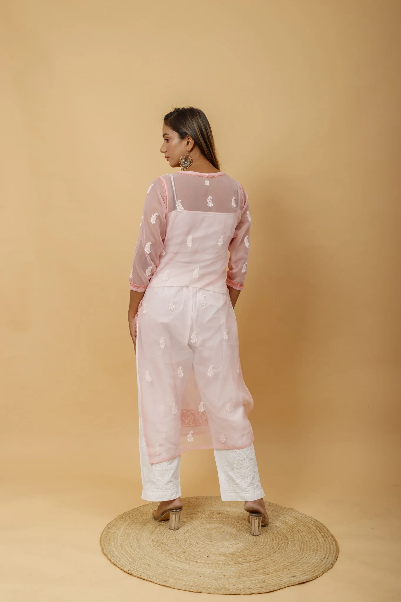 Arsh Handcrafted Peach Semi Georgette Chikan Kurti - Image 3