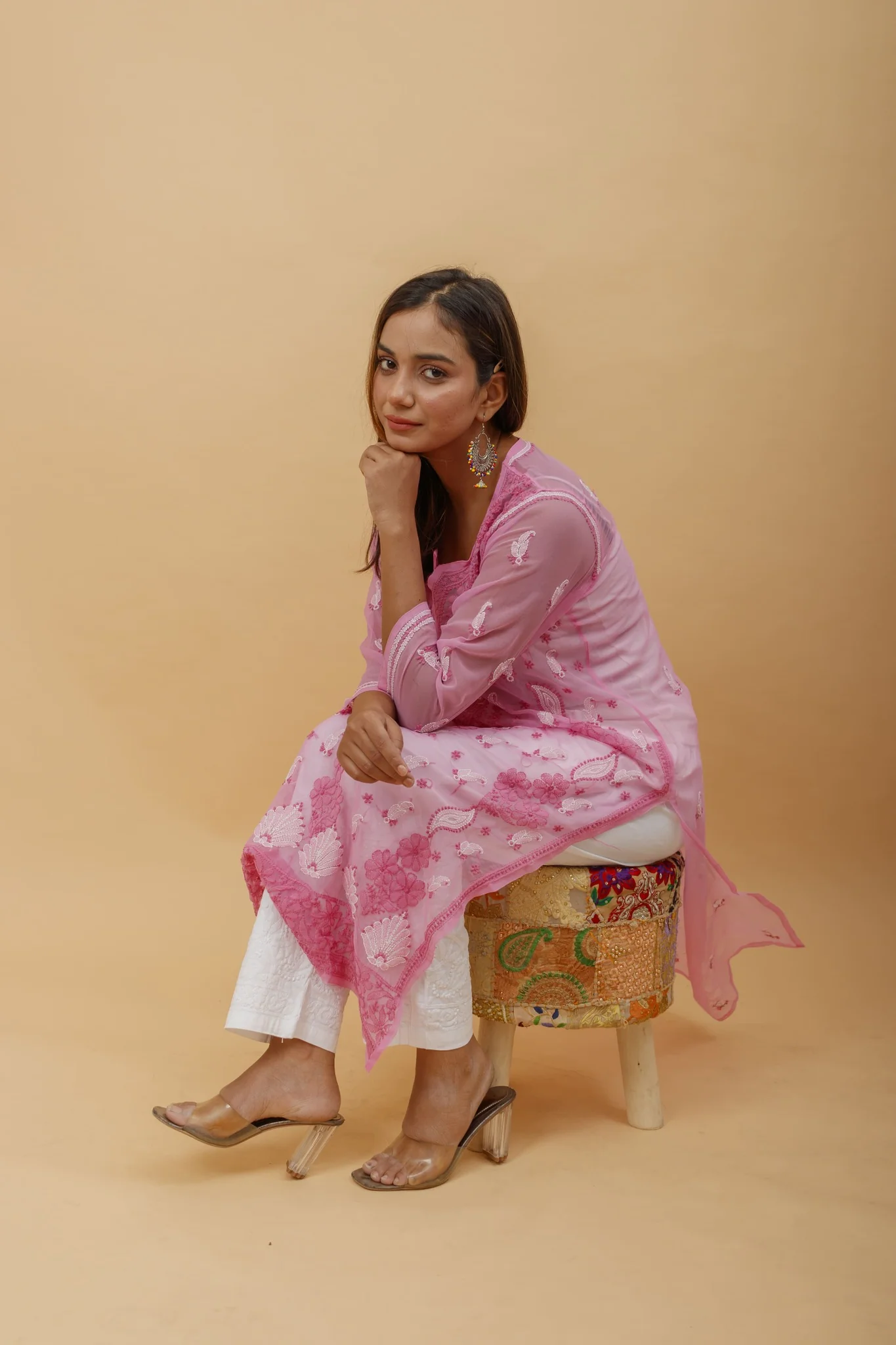 Arsh Handcrafted Pink Semi Georgette Chikan Kurti - Image 3