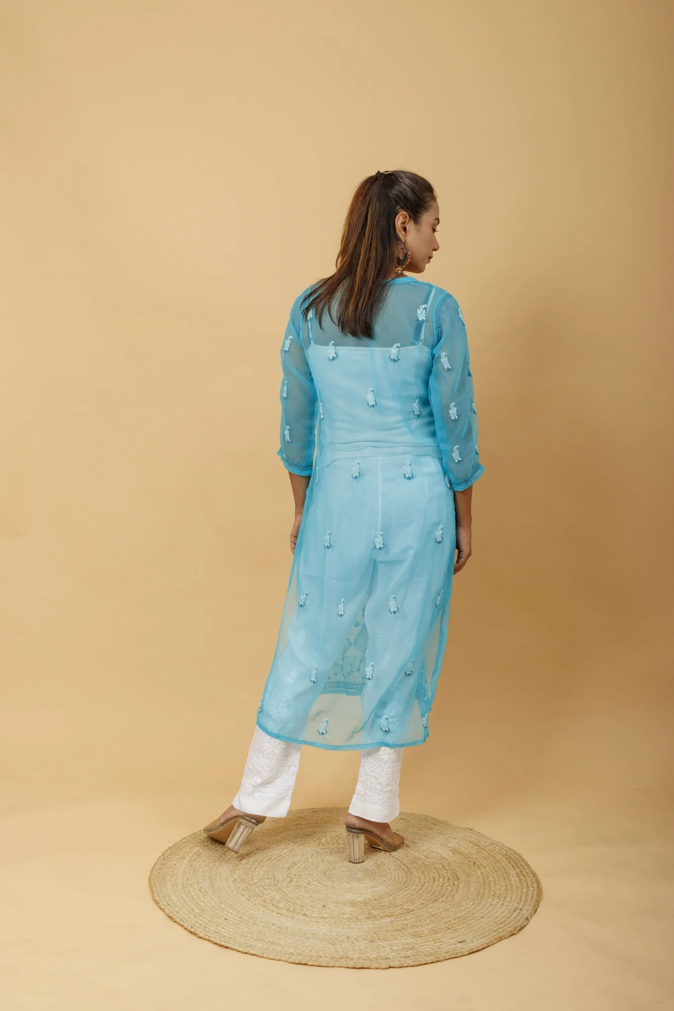 Arsh Handcrafted Peacock Blue Semi Georgette Chikan Kurti - Image 4