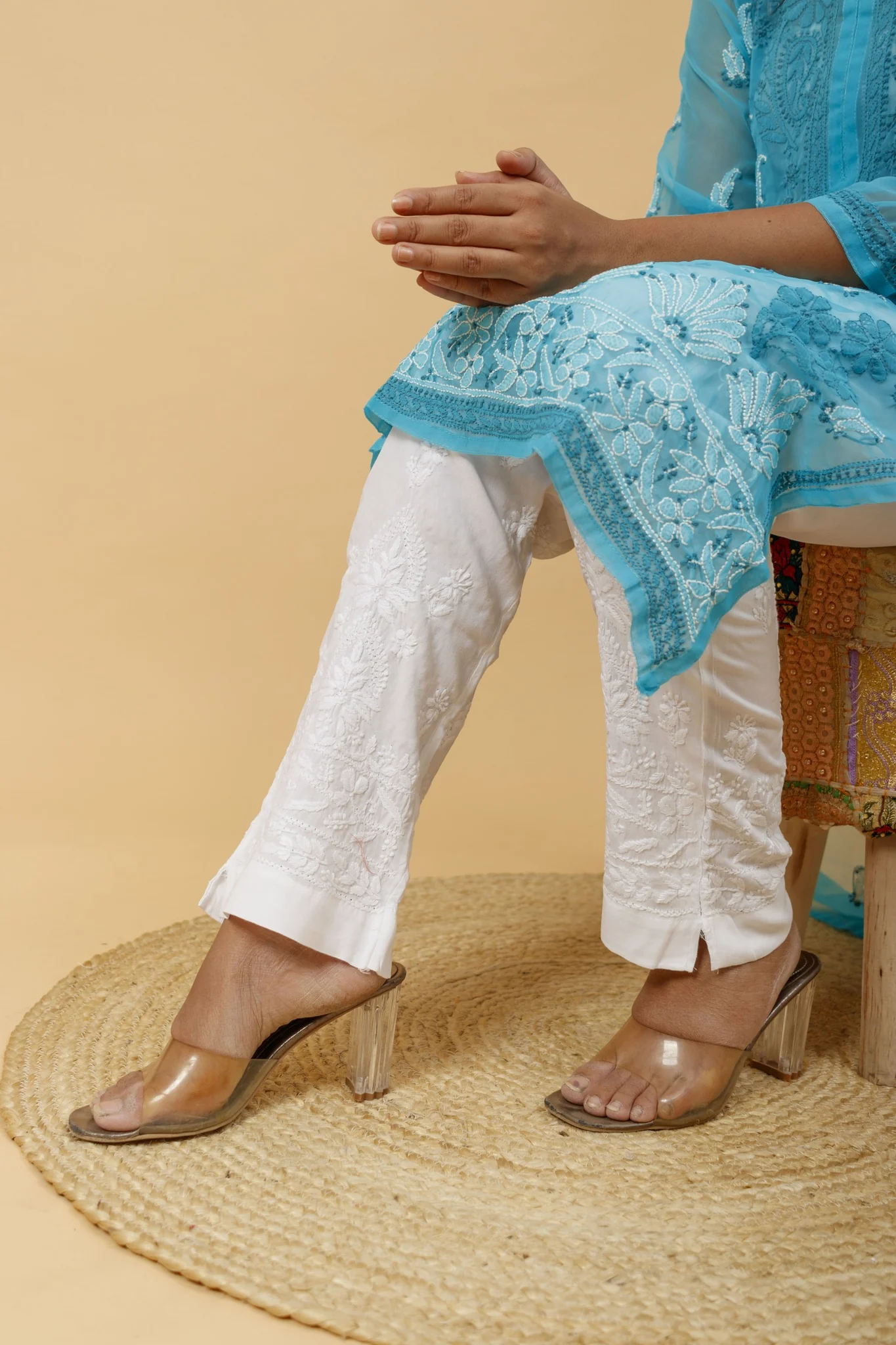 Arsh Handcrafted Peacock Blue Semi Georgette Chikan Kurti - Image 5