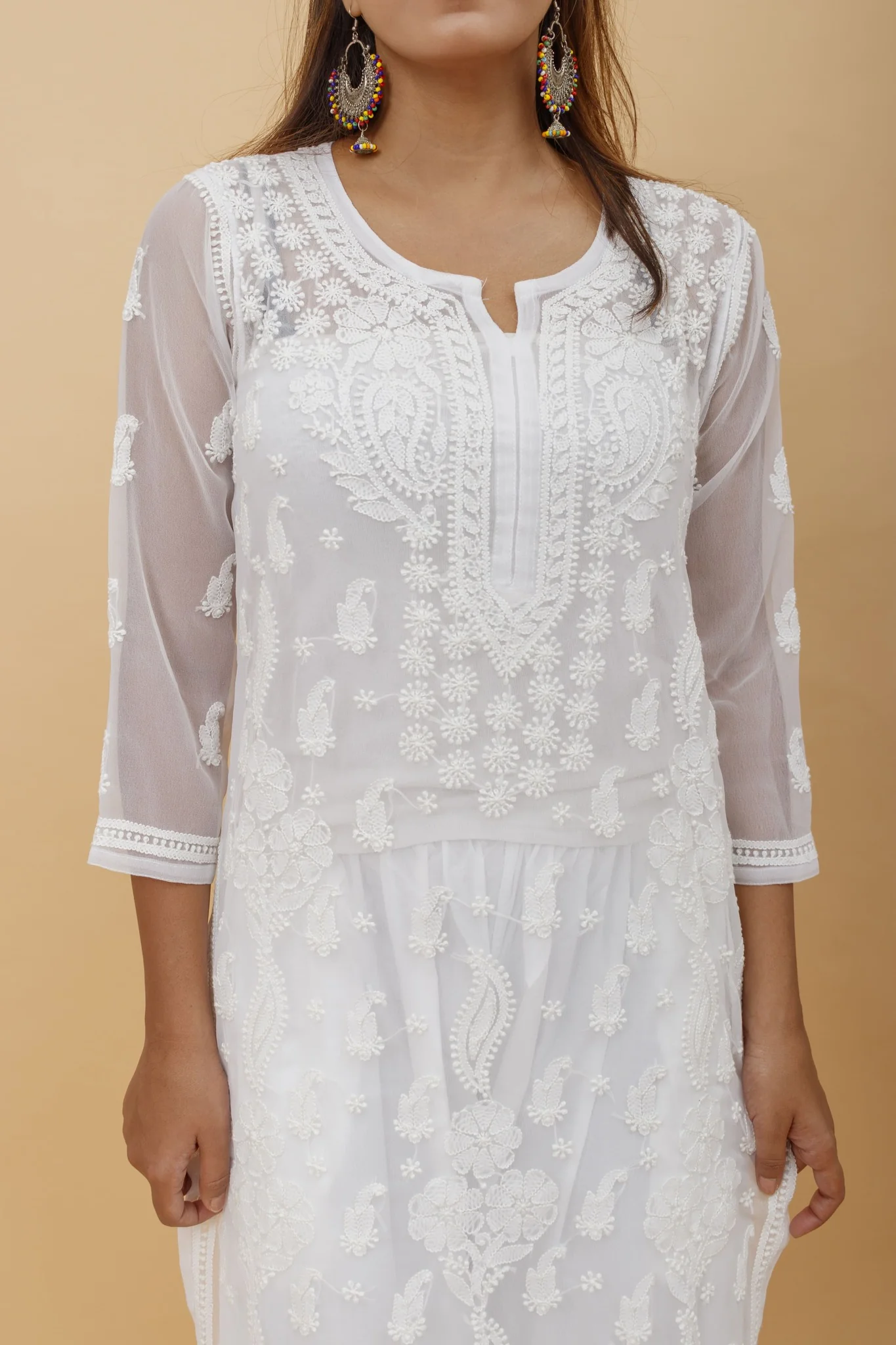 Arsh Handcrafted White Semi Georgette Chikan Kurti - Image 2