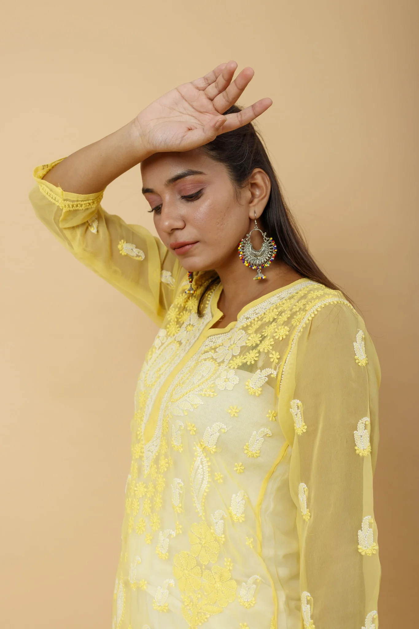 Arsh Handcrafted Yellow Semi Georgette Chikan Kurti - Image 2