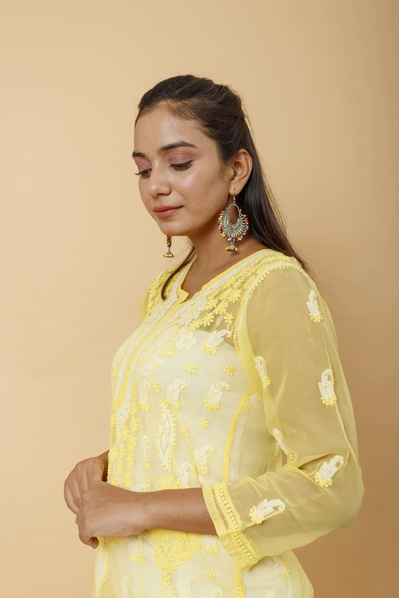 Arsh Handcrafted Yellow Semi Georgette Chikan Kurti - Image 3