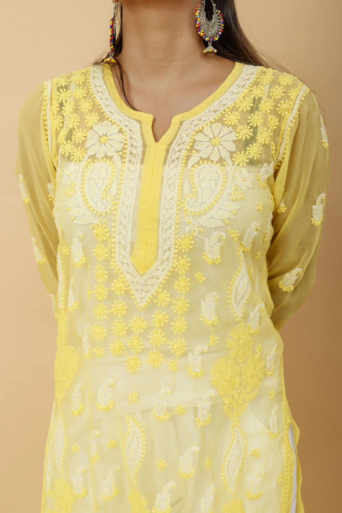 Arsh Handcrafted Yellow Semi Georgette Chikan Kurti - Image 5