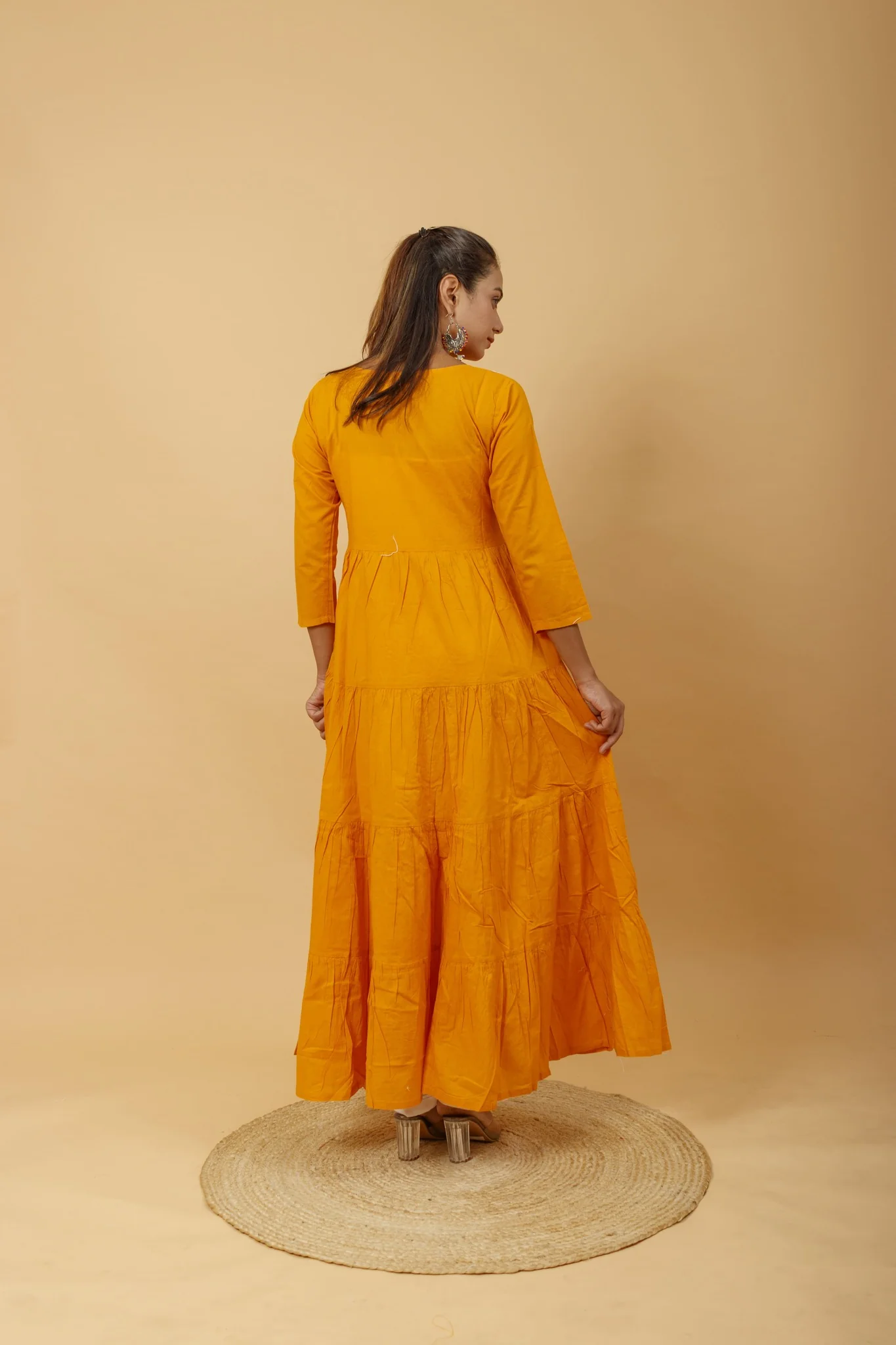 Arsh Handcrafted Mustard Yellow Umbrella Pure Cotton Chikan Dress - Image 5