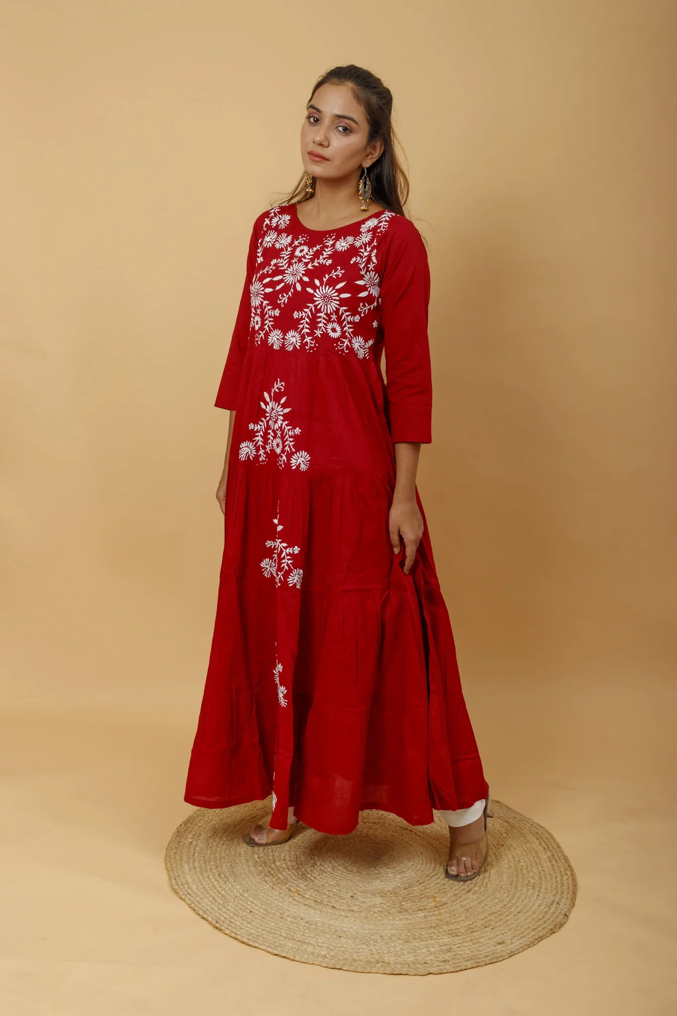 Arsh Handcrafted Deep Red Umbrella Pure Cotton Chikan Dress - Image 2