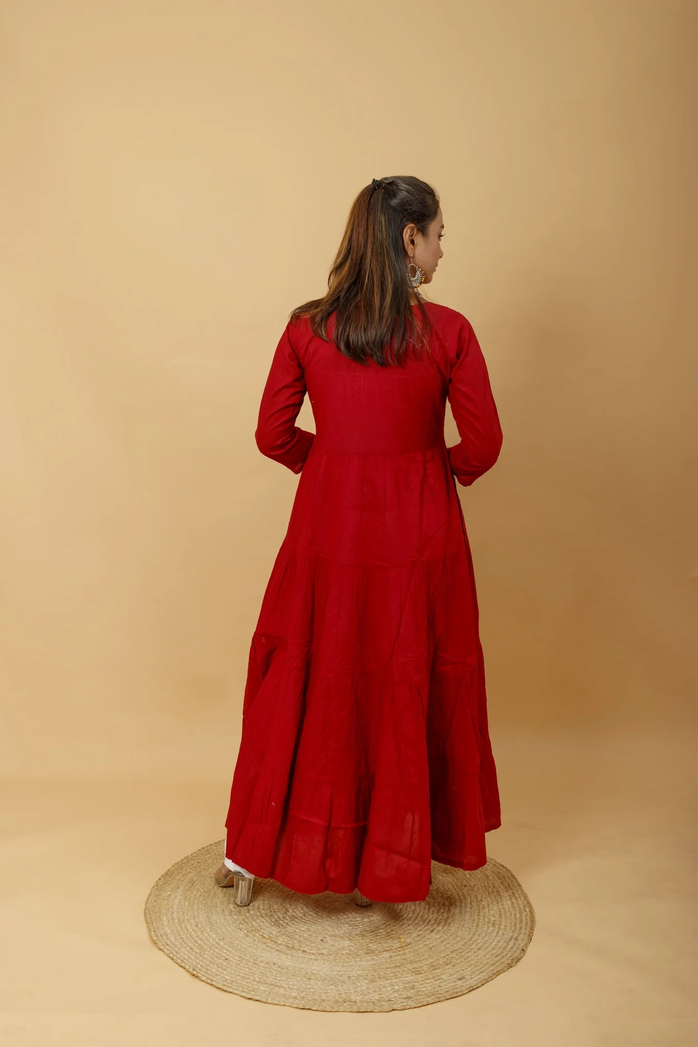 Arsh Handcrafted Deep Red Umbrella Pure Cotton Chikan Dress - Image 4