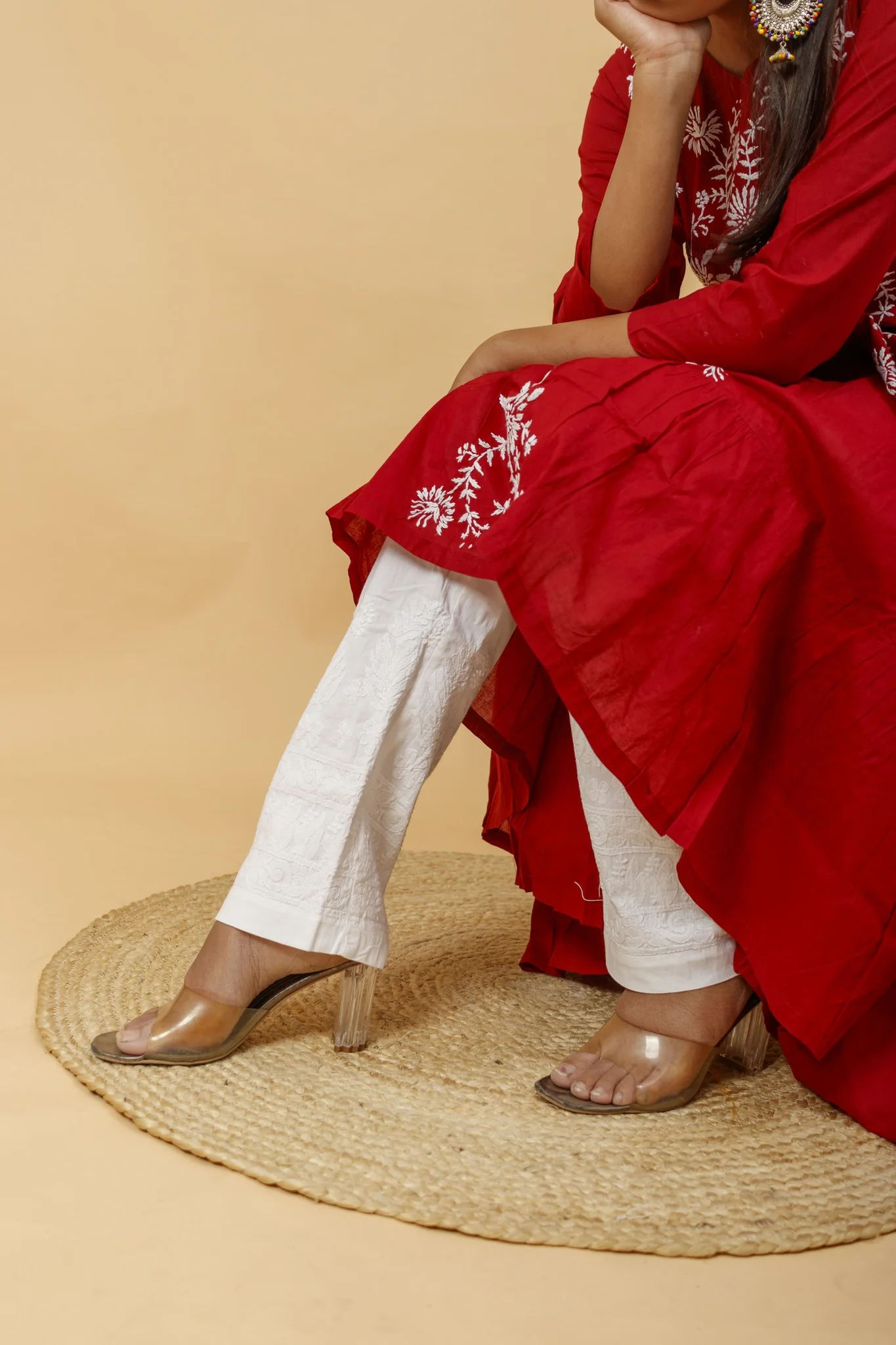 Arsh Handcrafted Deep Red Umbrella Pure Cotton Chikan Dress - Image 5