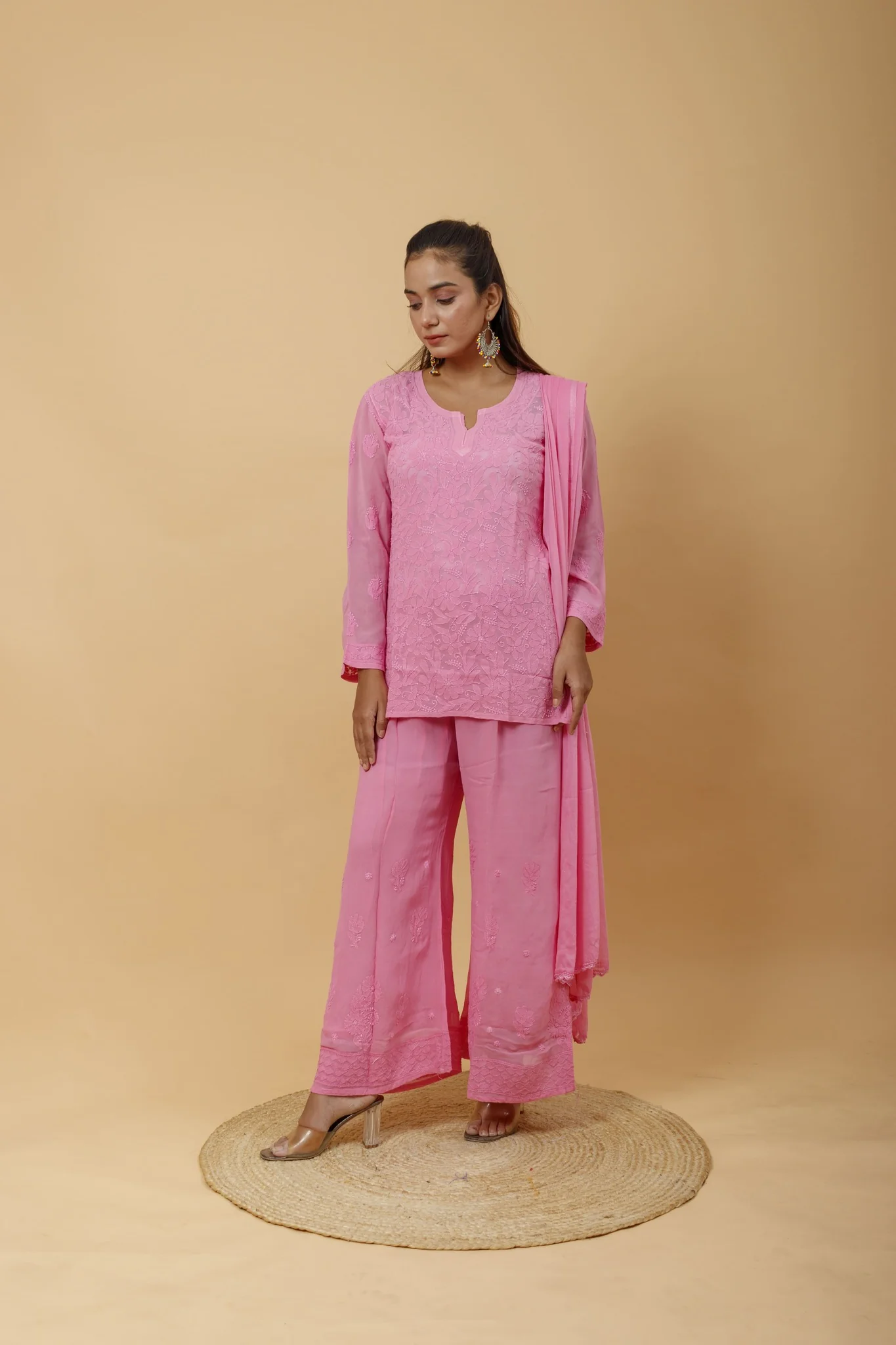 Arsh Handcrafted Top, Dupatta and Plazzo Set dyed in Onion Pink Colour