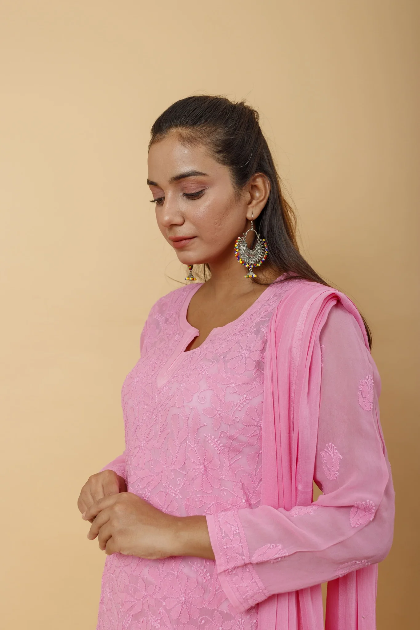 Arsh Handcrafted Top, Dupatta and Plazzo Set dyed in Onion Pink Colour - Image 3
