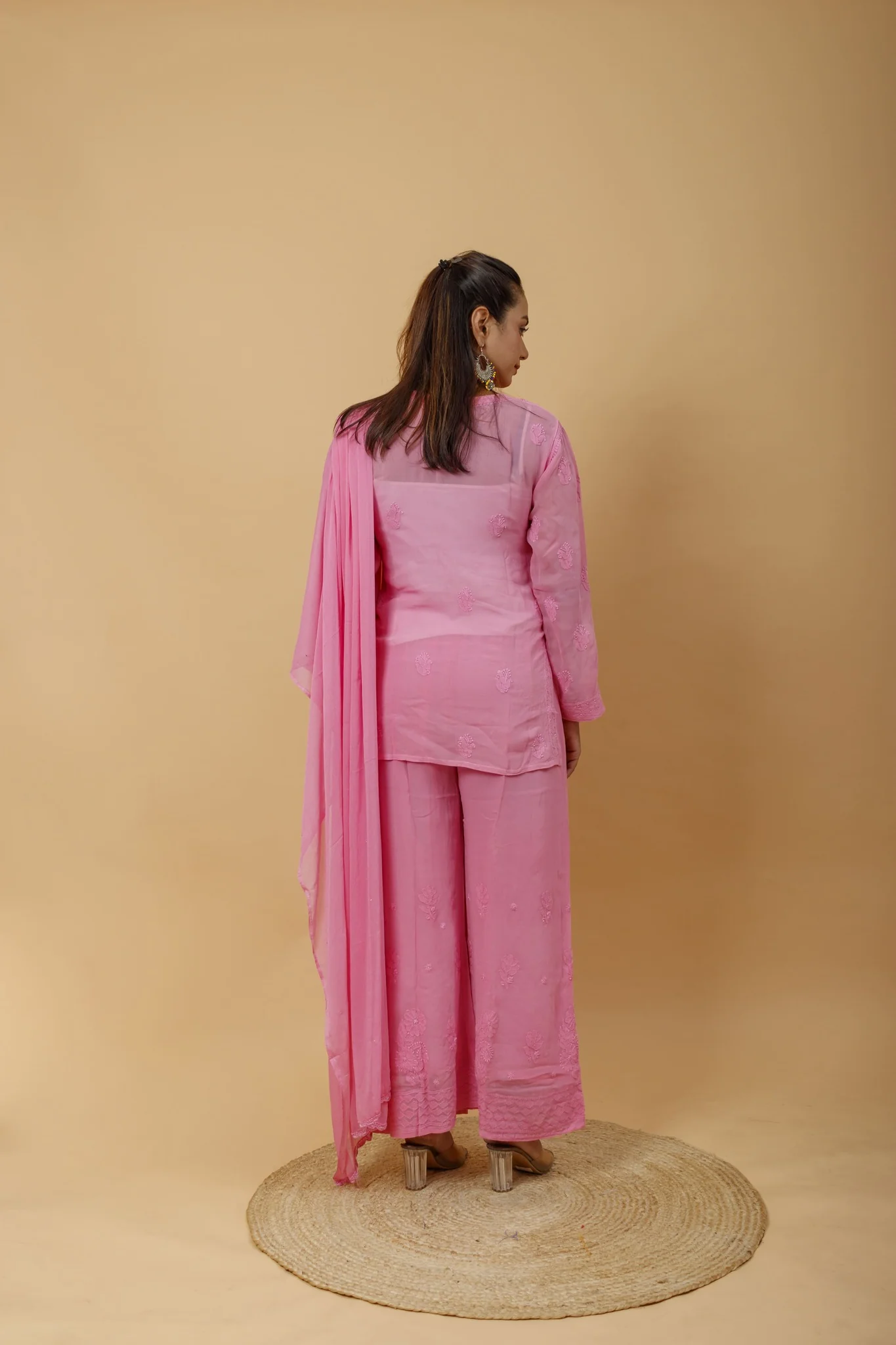 Arsh Handcrafted Top, Dupatta and Plazzo Set dyed in Onion Pink Colour - Image 4